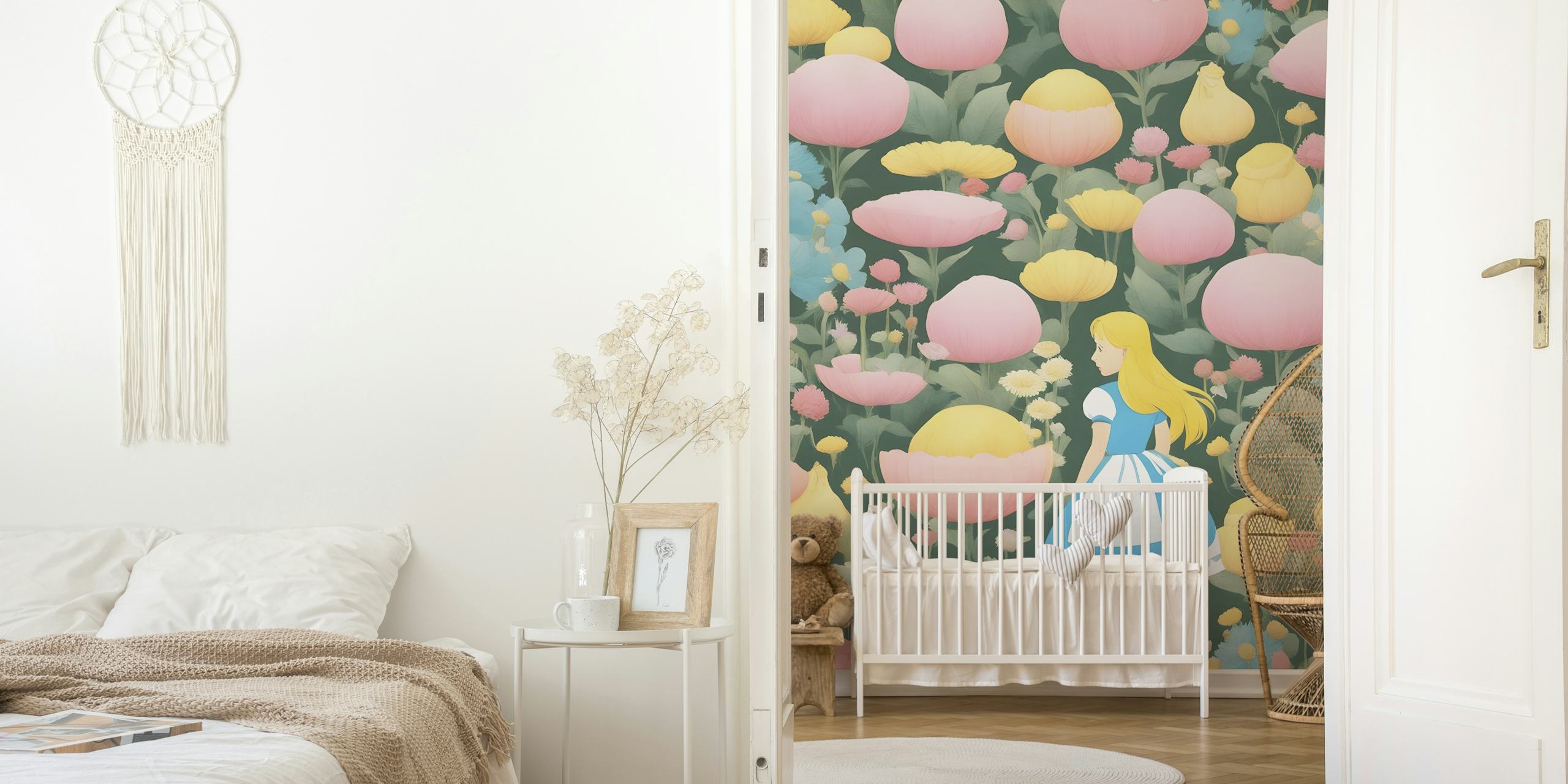 Illustrative wallpaper with Alice among flowers