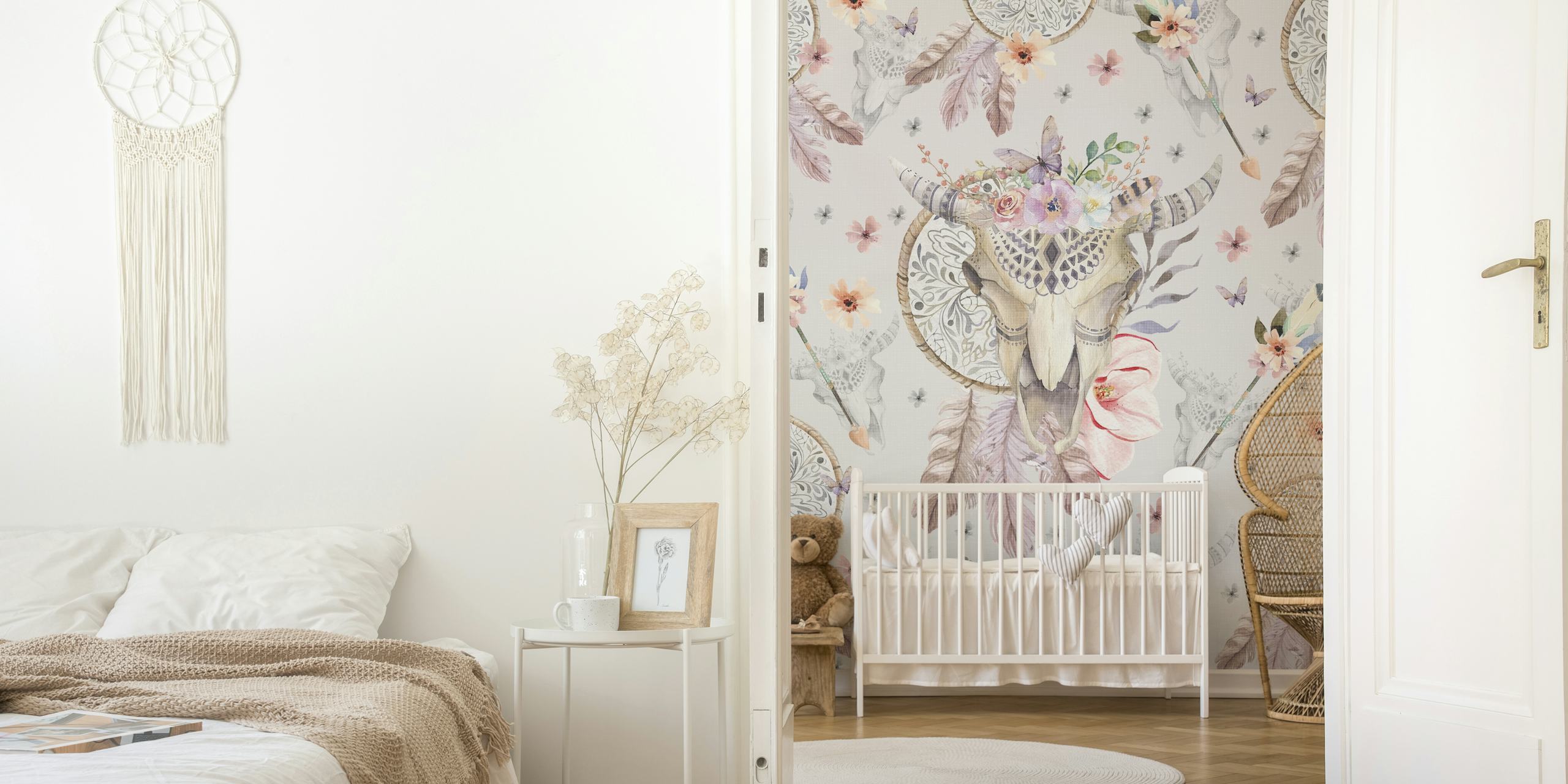 Fotomural pared Atrapasueños de estilo bohemio y calavera con motivos florales