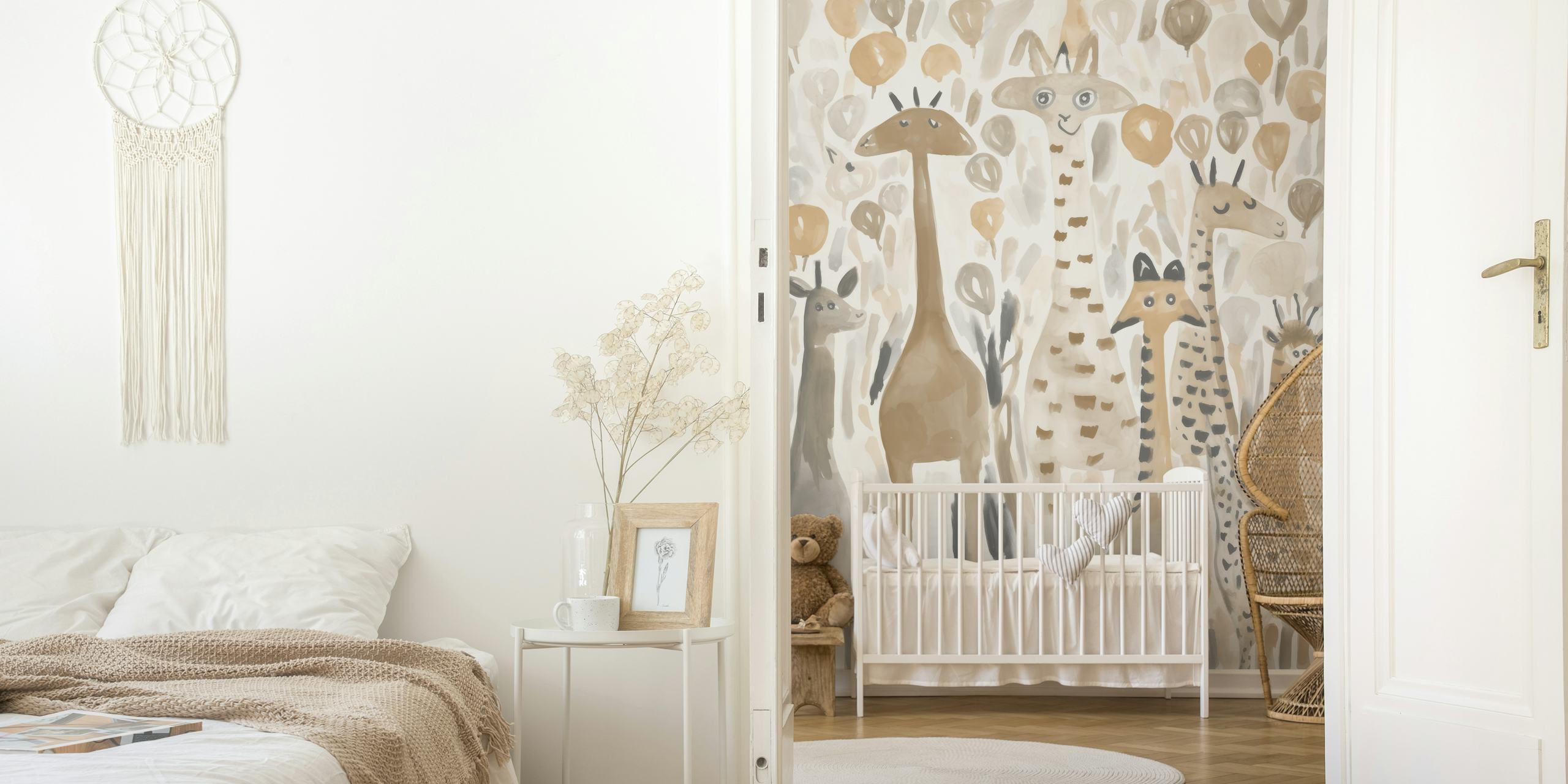 Cute giraffes in neutral tones with abstract balloons wallpaper