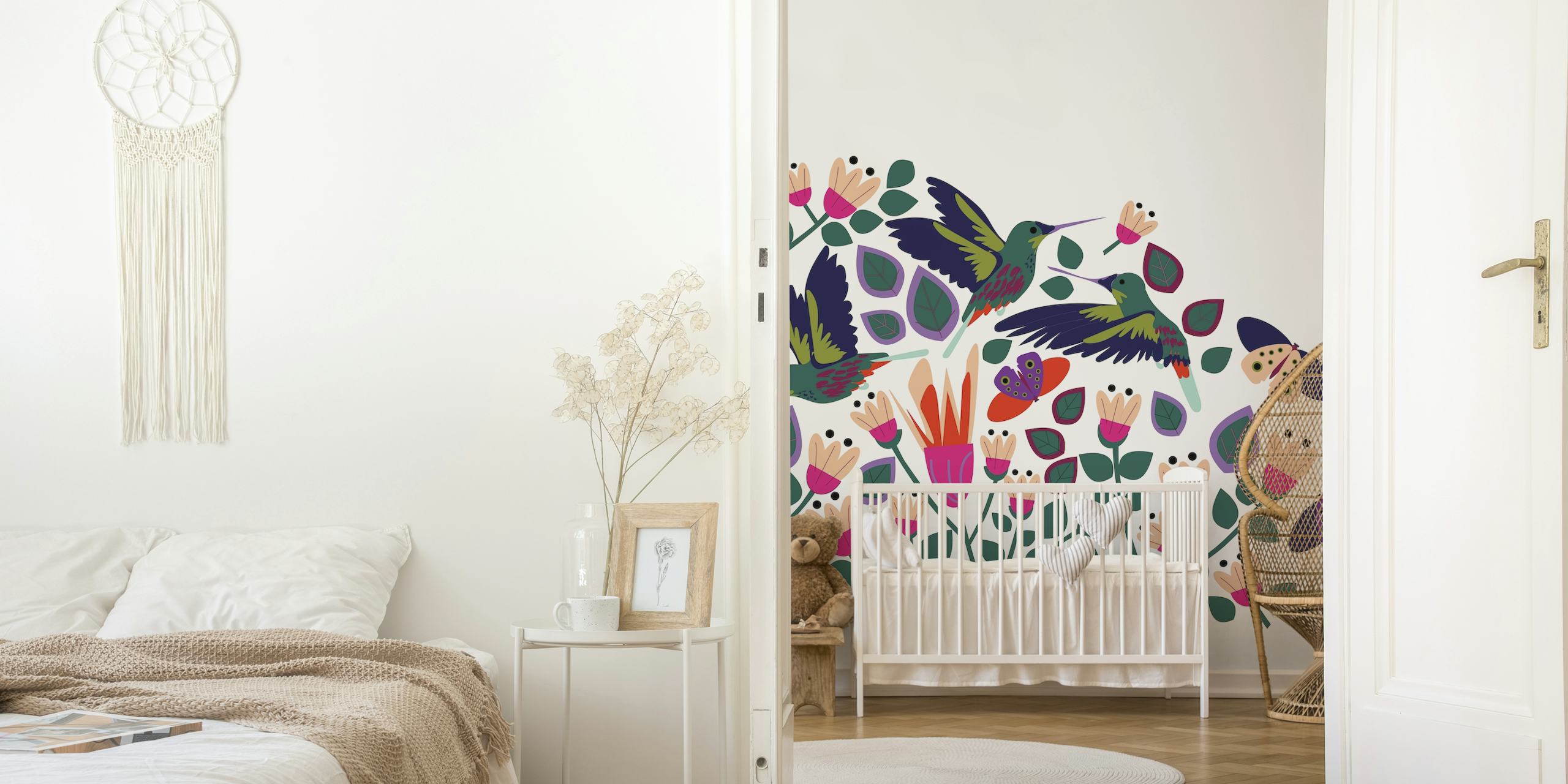 Hummingbirds and colorful flowers in green, pink, and purple wallpaper