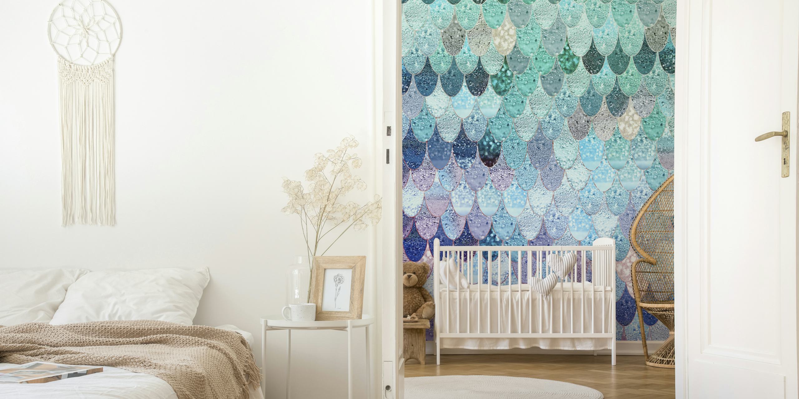 Summer mermaid scales wallpaper in a room