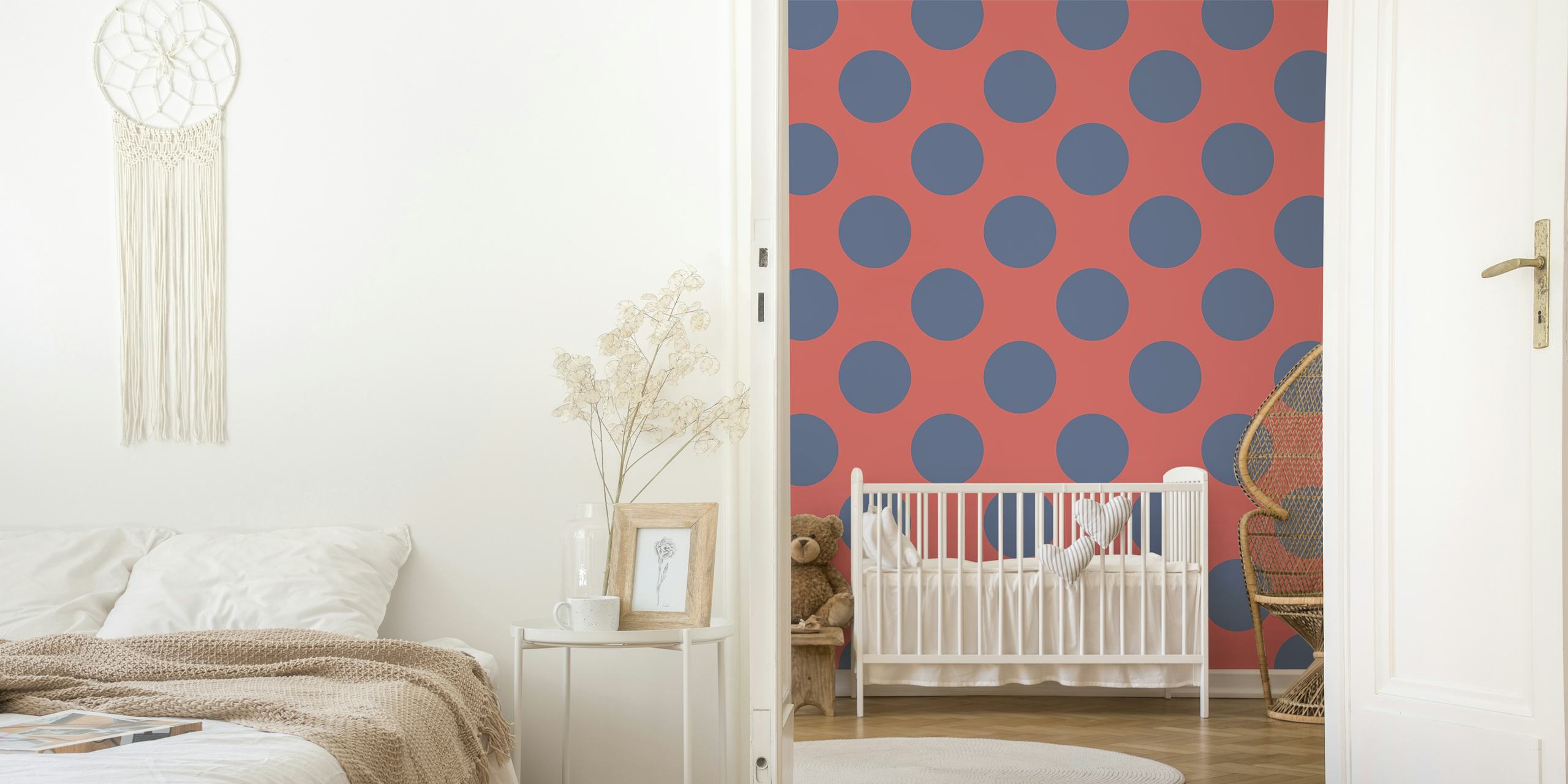Coral red and navy blue polka dot wallpaper