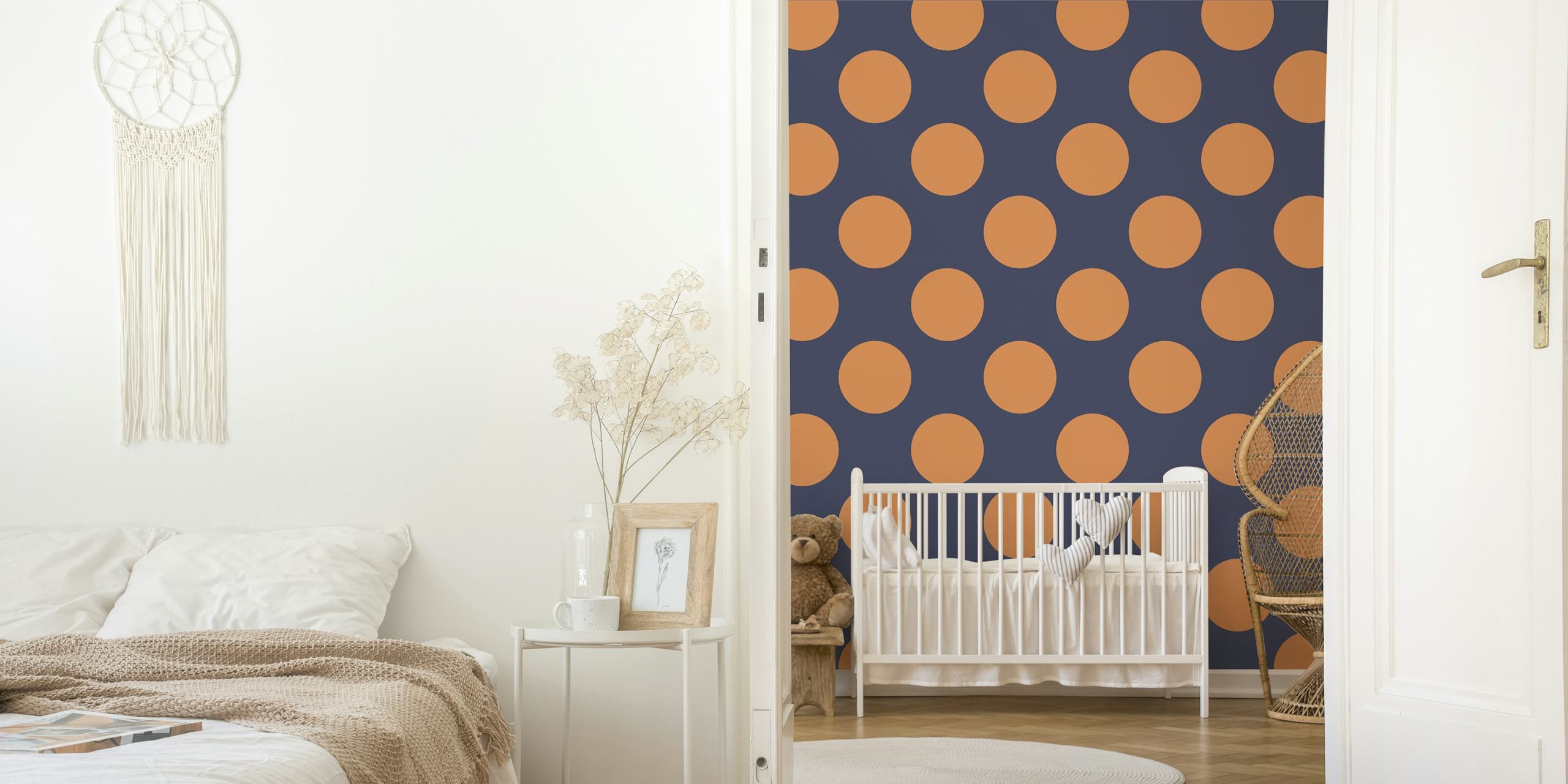 Orange polka dots on navy background wallpaper