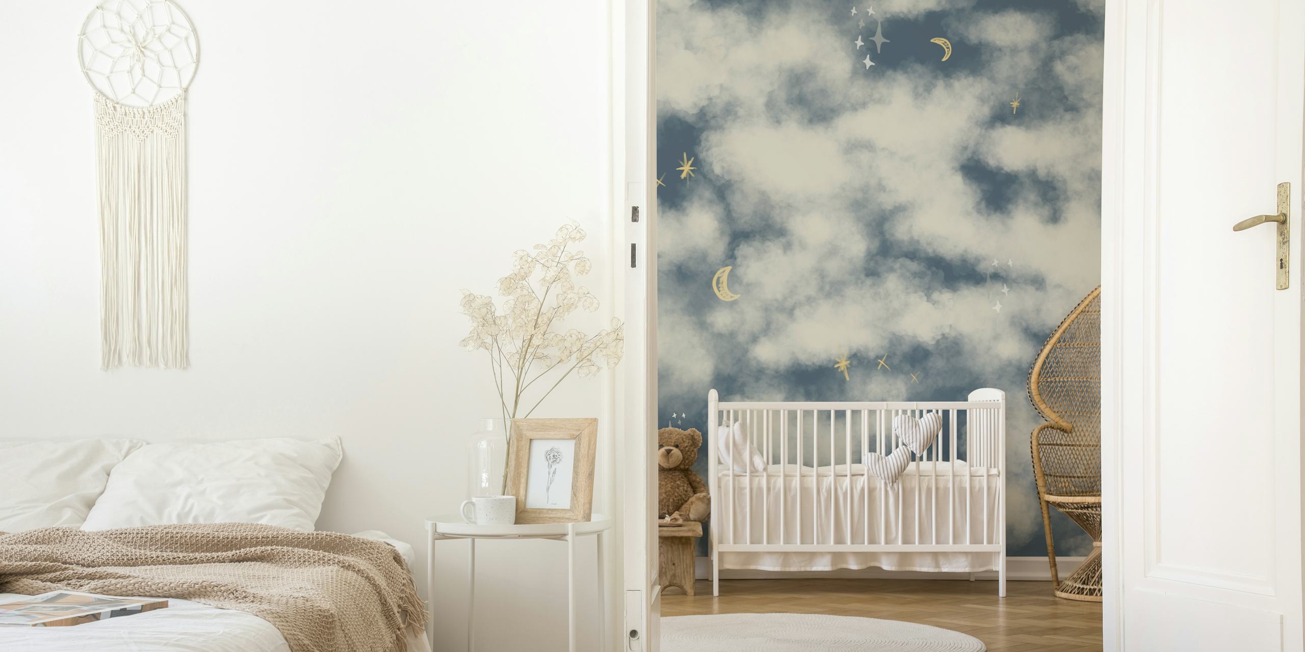 Clouds and stars in dark blue with golden moons wallpaper