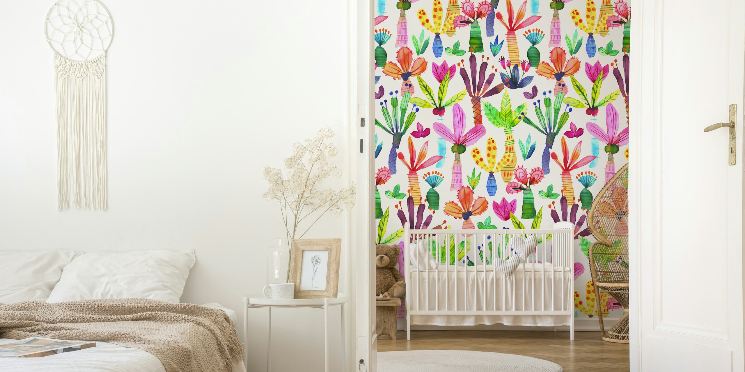 Colorful tropical floral patterns with vivid greens and pinks wallpaper