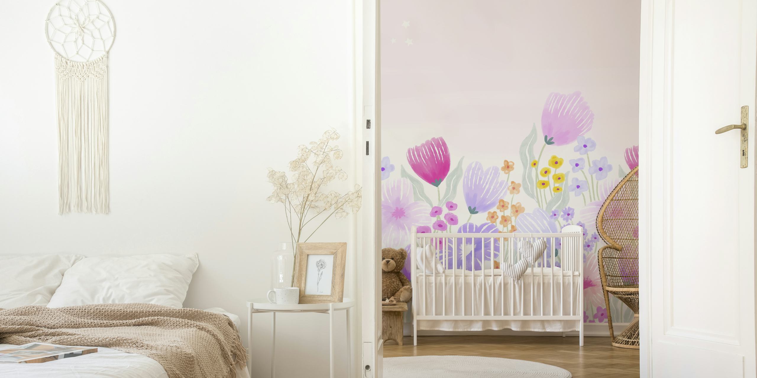 Färgglad vårträdgård tapet med tulpaner och vilda blommor