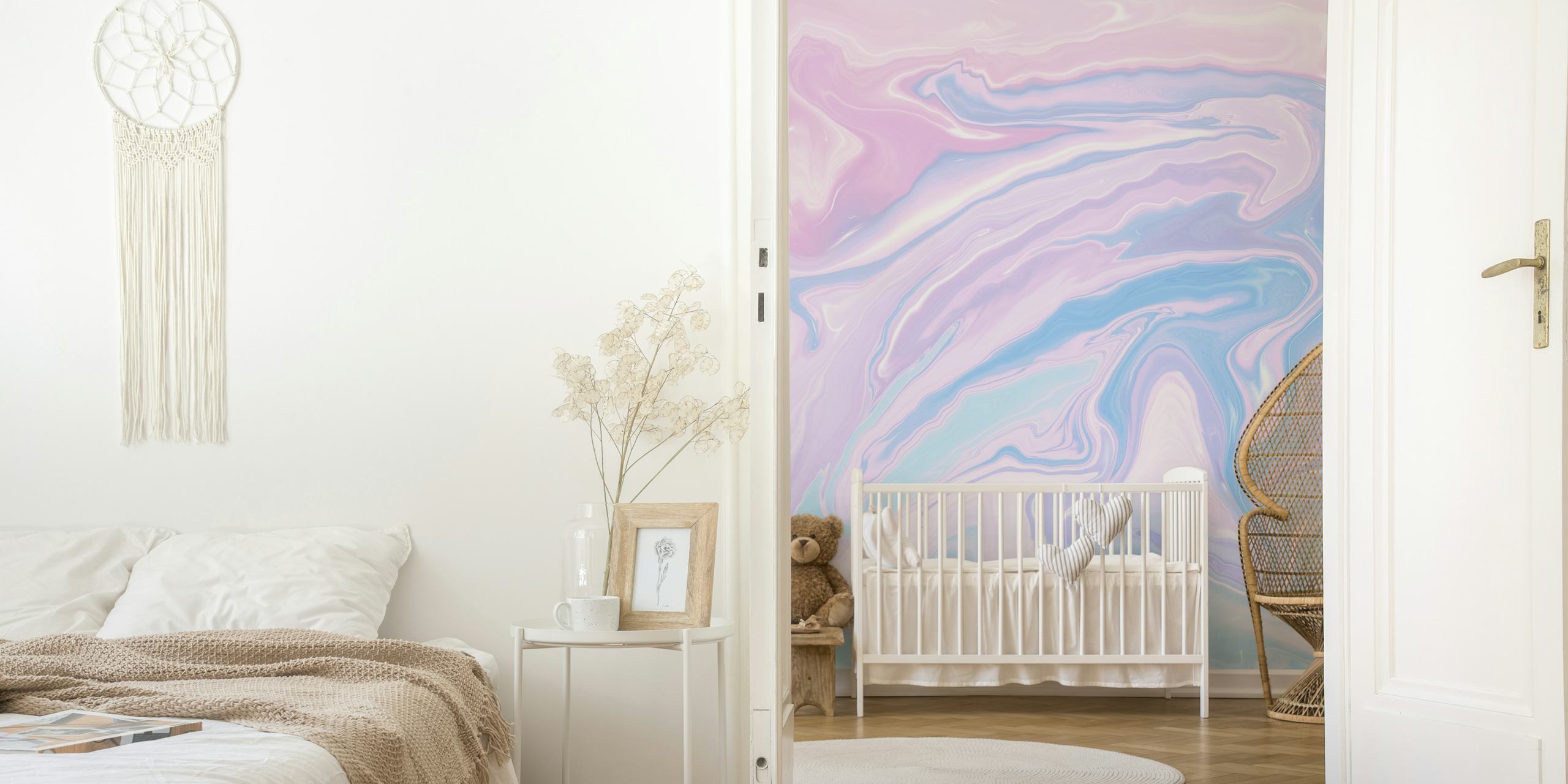 Swirling pastel colors in pink, blue, and lavender marble wallpaper