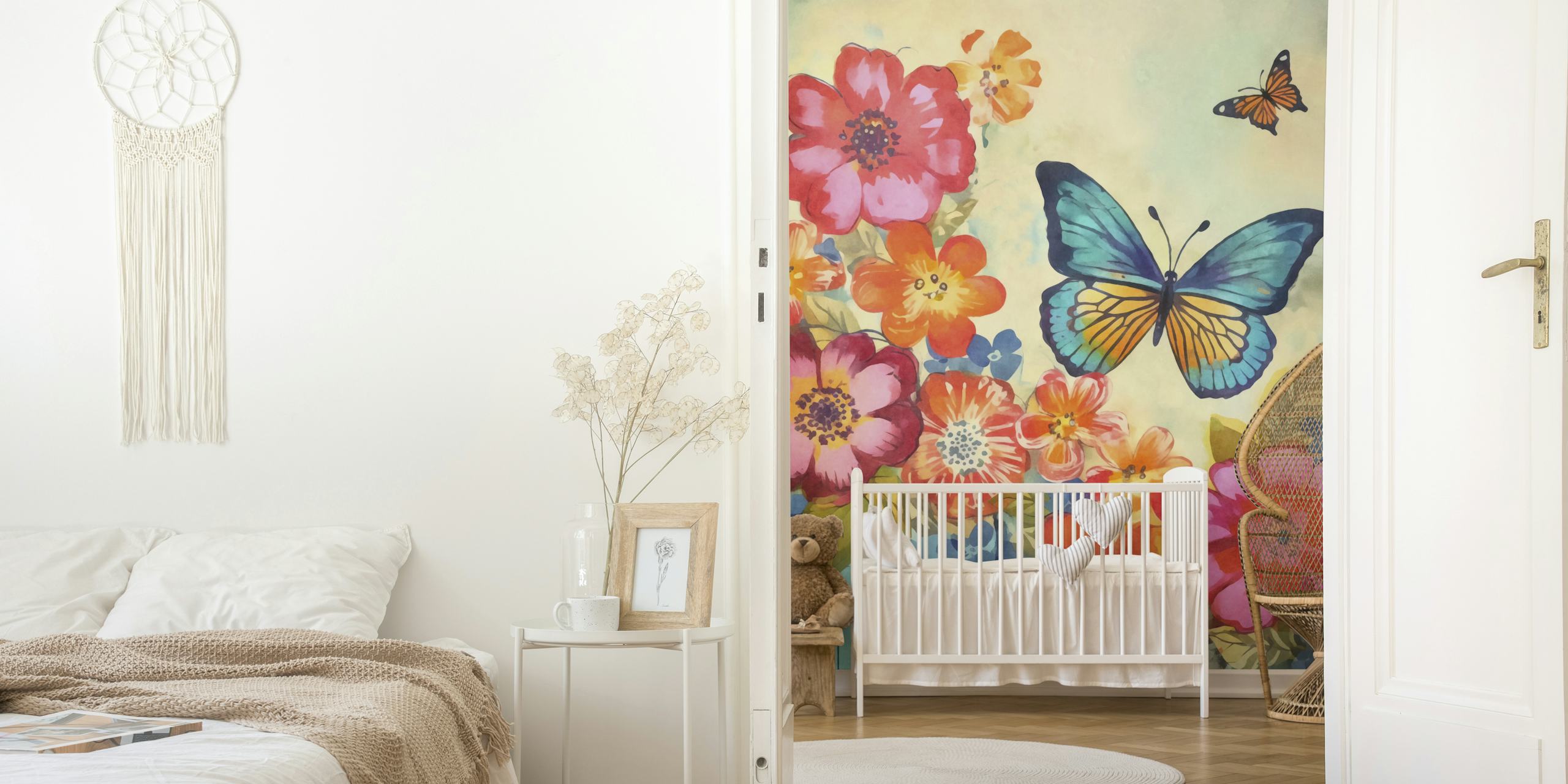 multicolor flowers and butterfly on blue backdrop wallpaper
