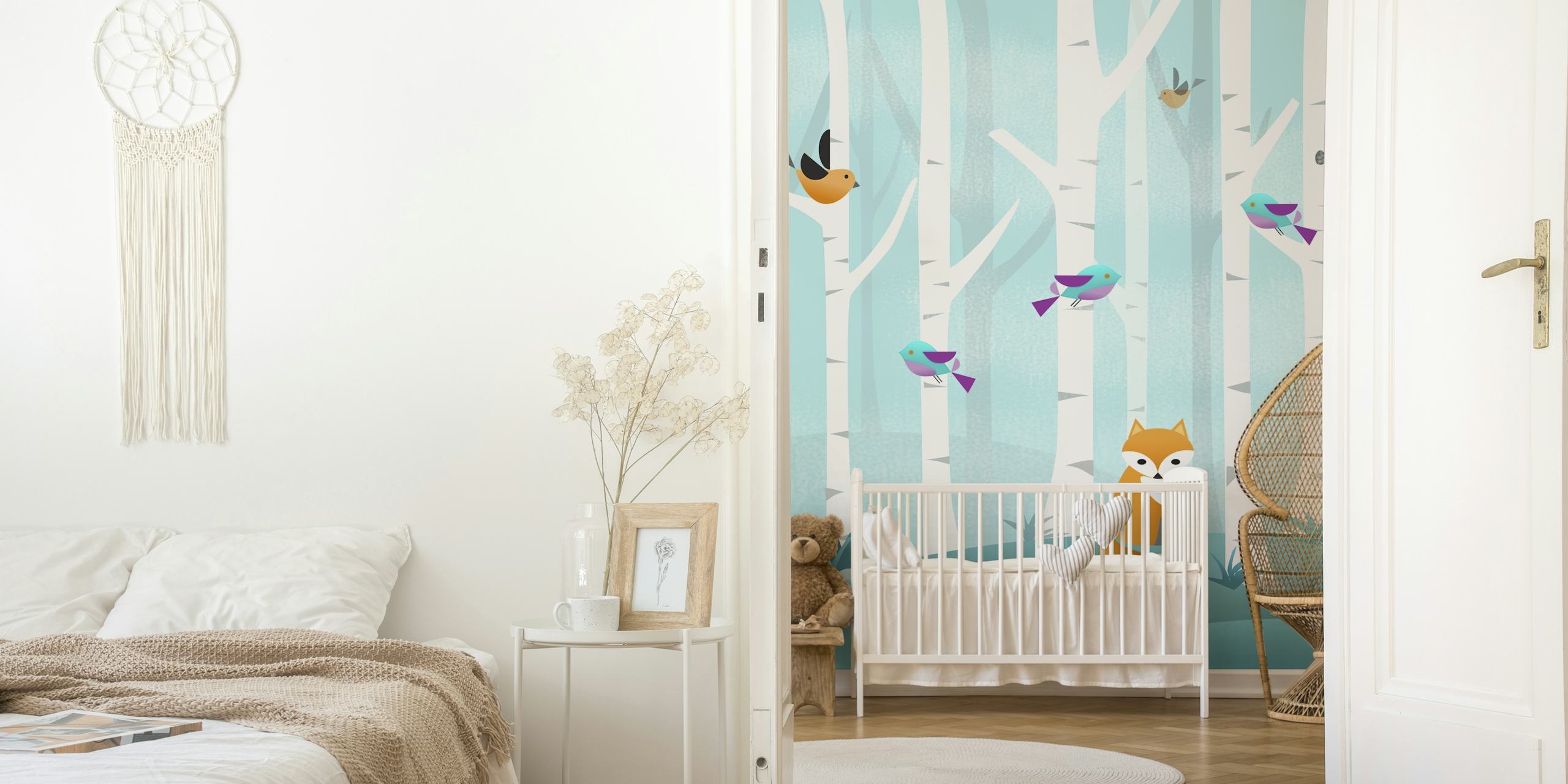 Forest scene with a fox and colorful birds among white trees wallpaper