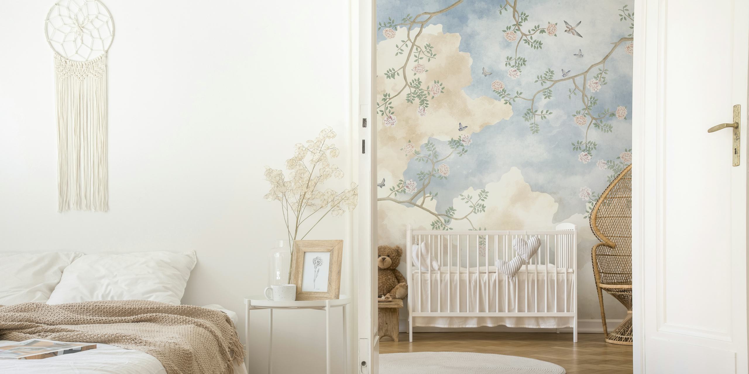Light cotton clouds baby blue wallpaper design