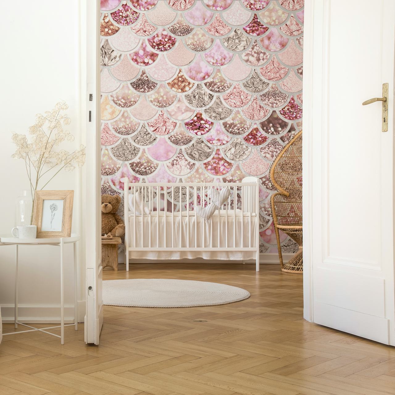 Blush Glitter Mermaid Scales wallpaper in a room