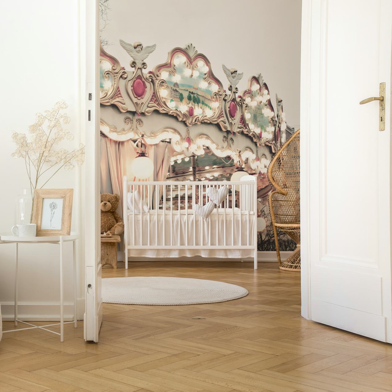 Vintage carousel wall mural with ornate detailing and soft glowing lights