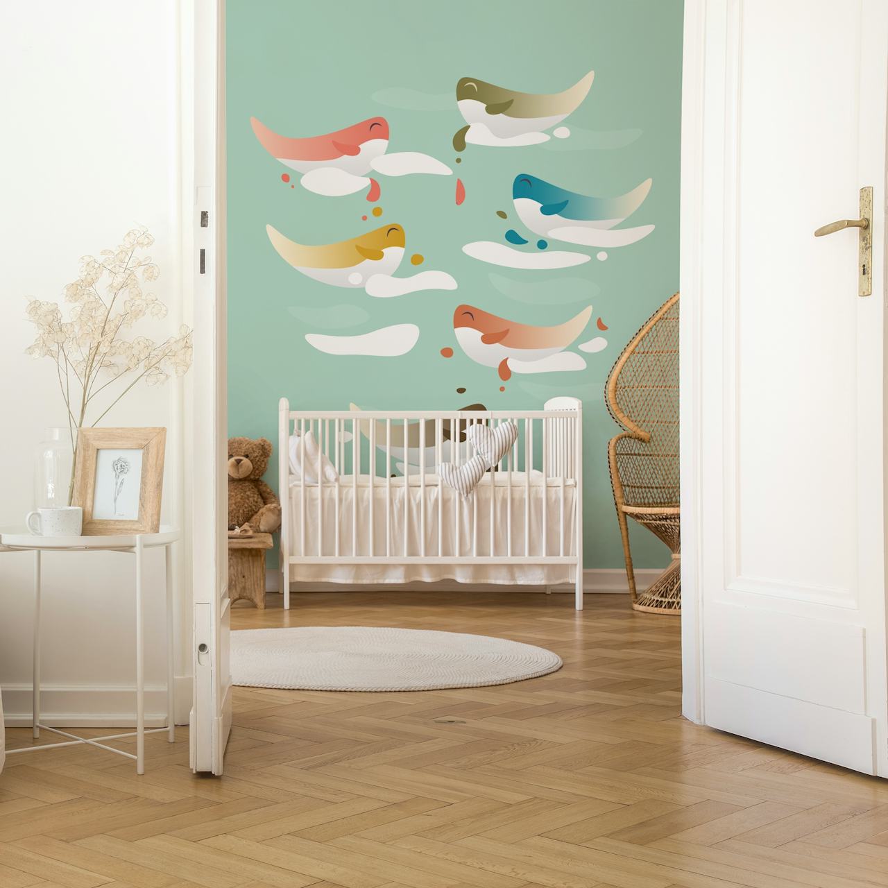 Whale fly behang in een kleurrijke kamer