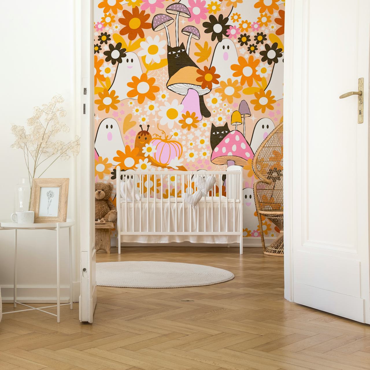 Cats and ghosts among colorful flowers and mushrooms wallpaper