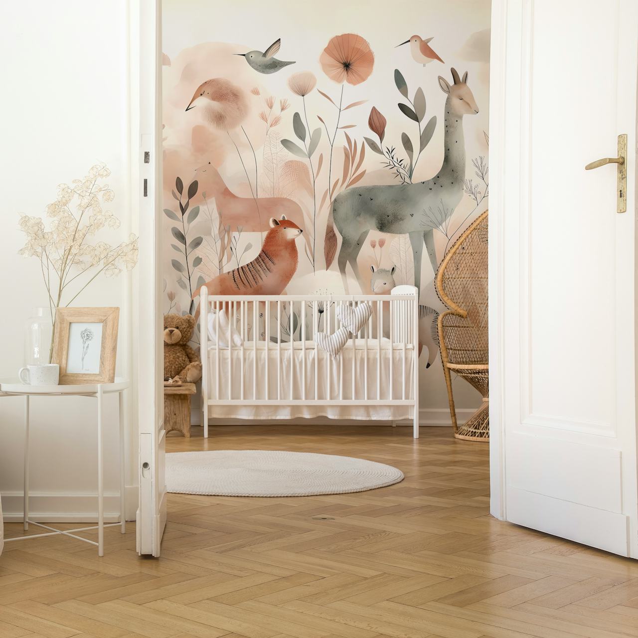 Gentle woodland animal wallpaper featuring deer, tiger, and plants in soft colors