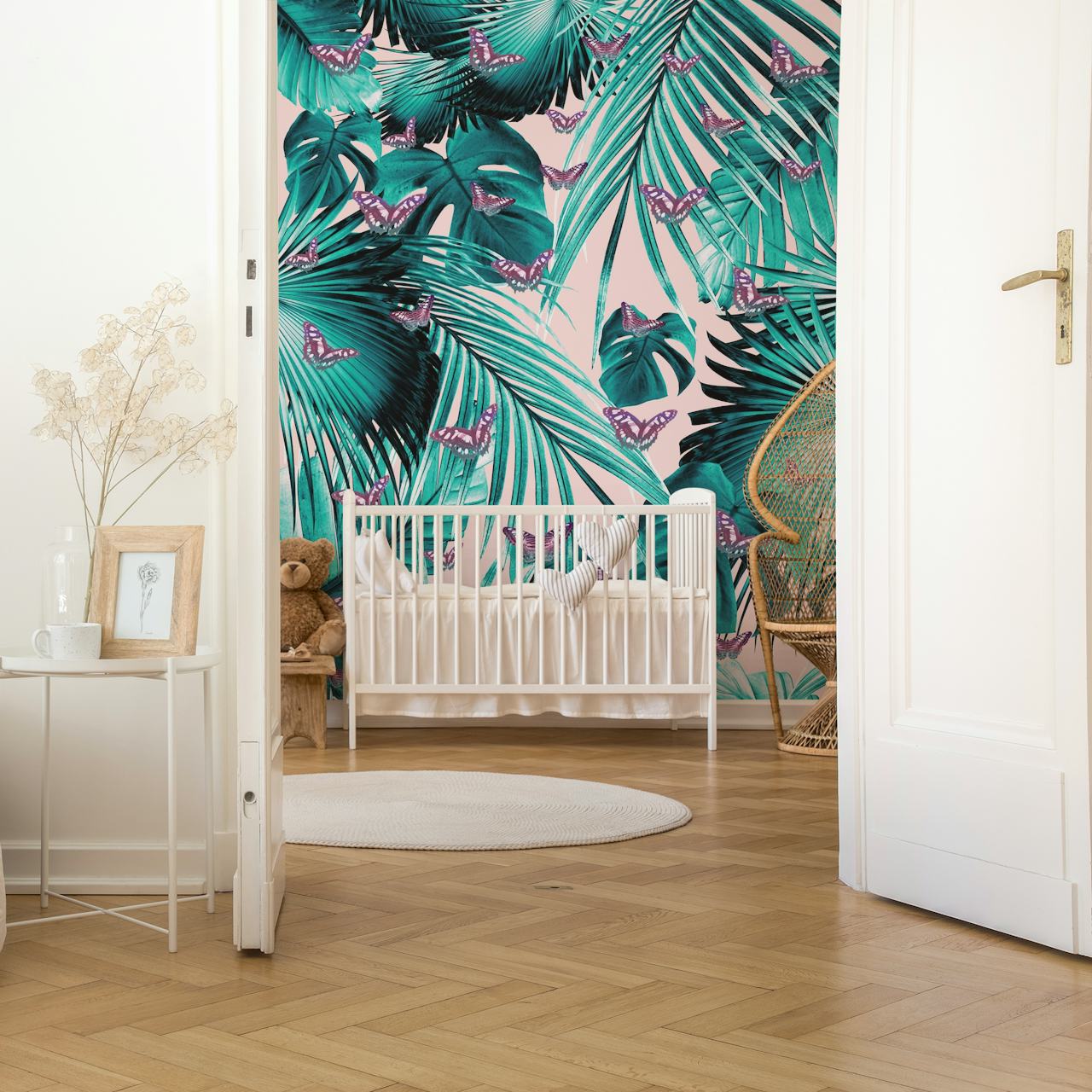 Tropical palm leaves and purple butterflies on pink background wallpaper