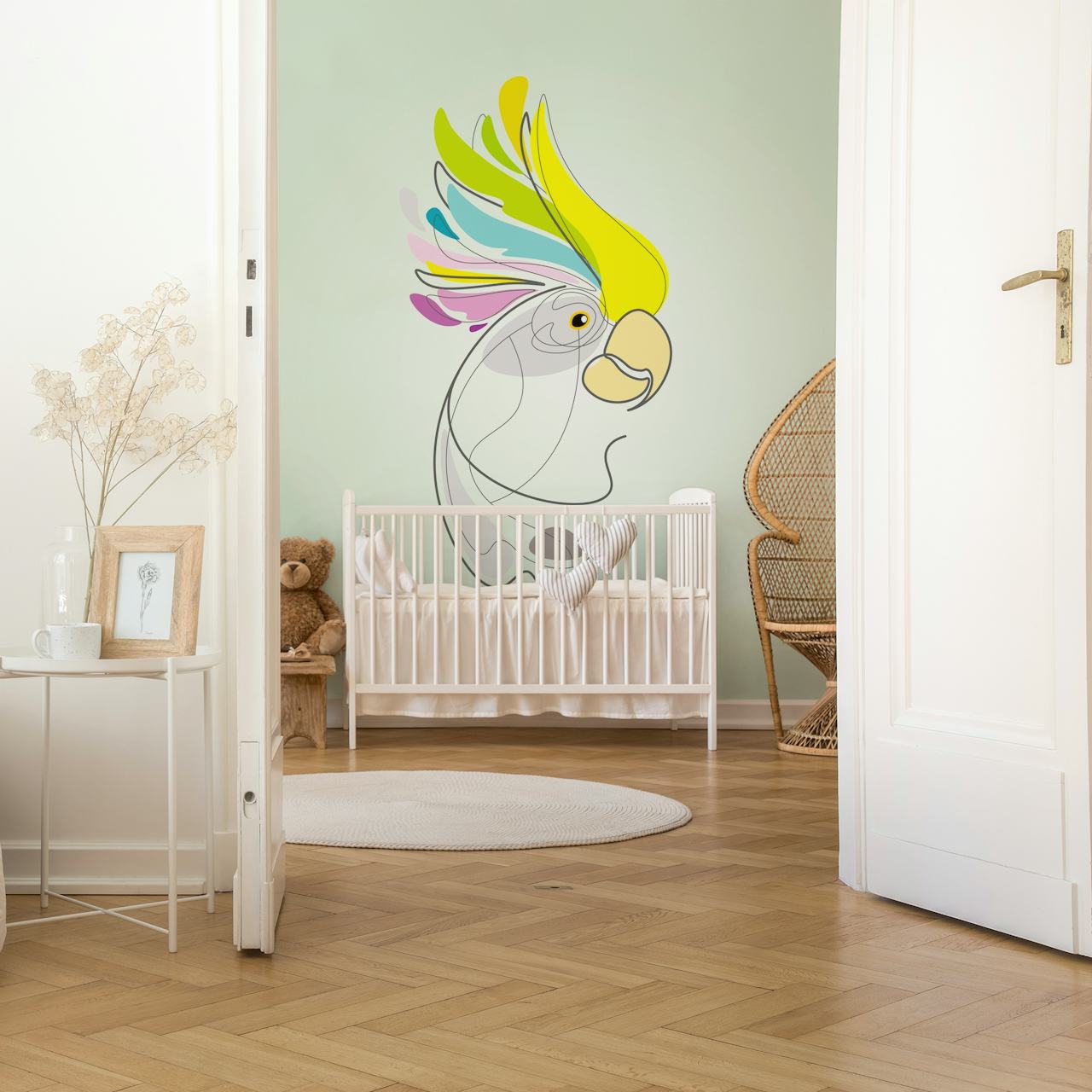 Parrot tapetdesign visad i ett rum