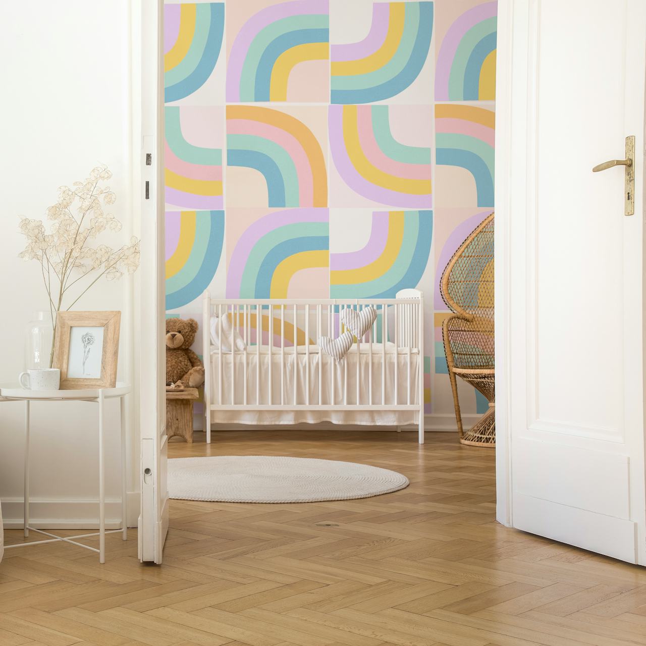 Mural de parede Retro Rainbow Tiles com formas arqueadas em azul-petróleo, rosa e laranja
