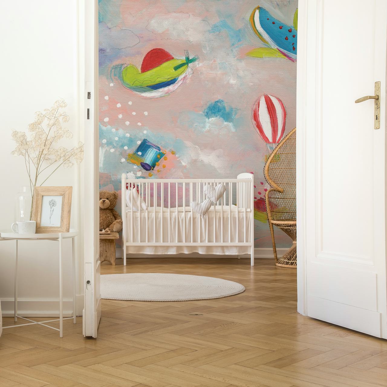 Colorful hot air balloons and clouds design wallpaper