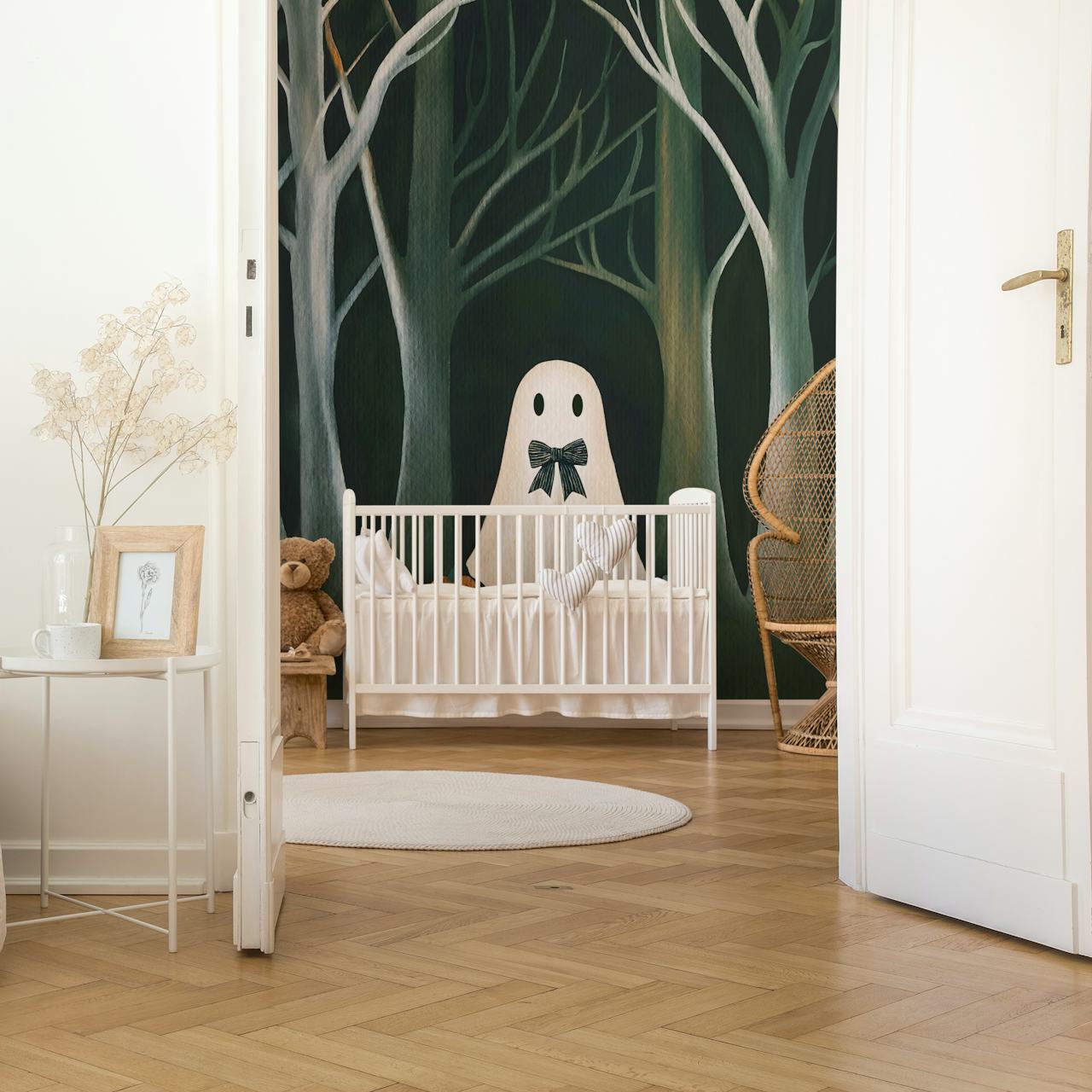 White ghost with bowtie and pumpkins in dark forest wallpaper