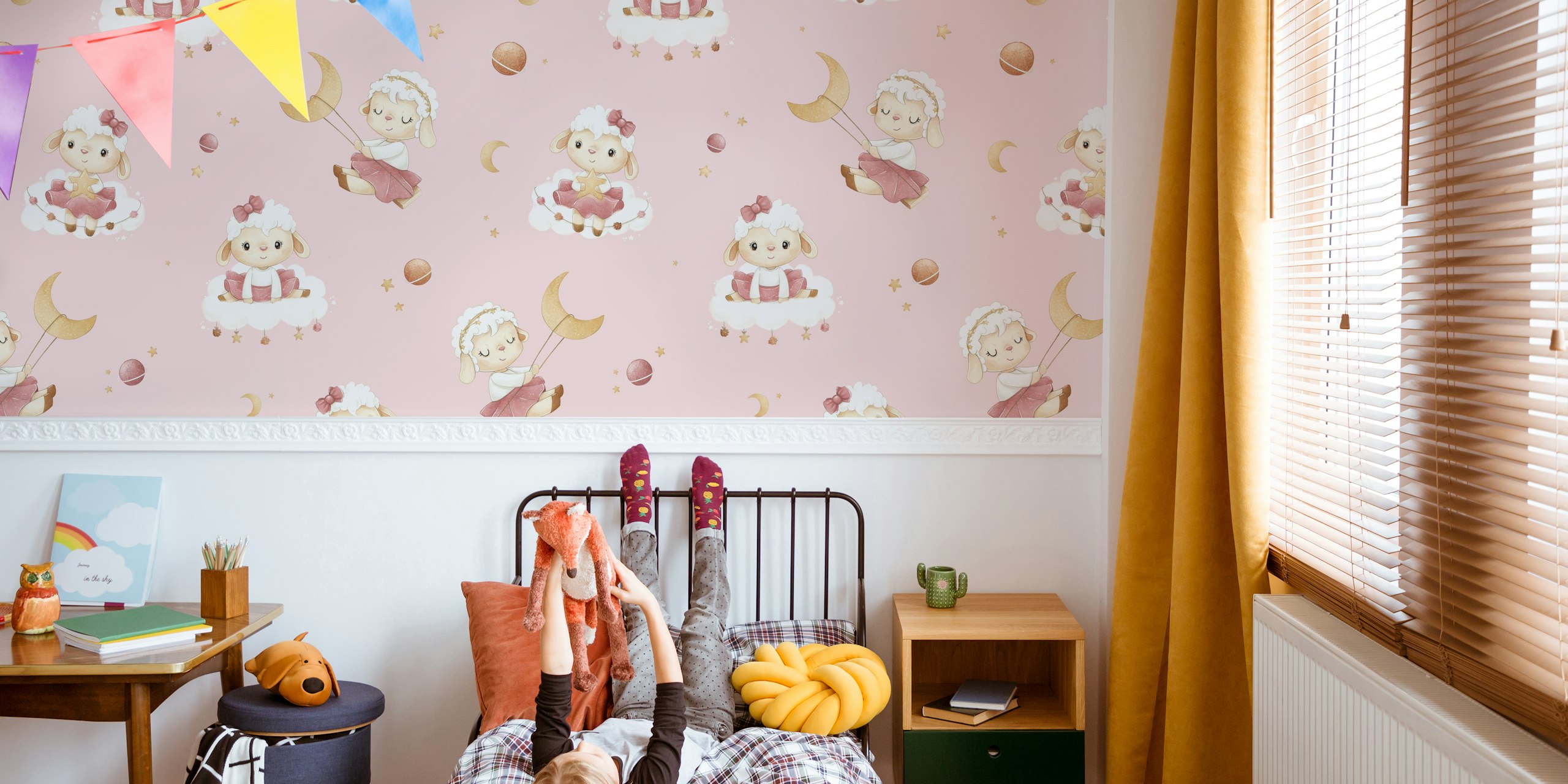Cute lambs playing on pink clouds with stars wallpaper