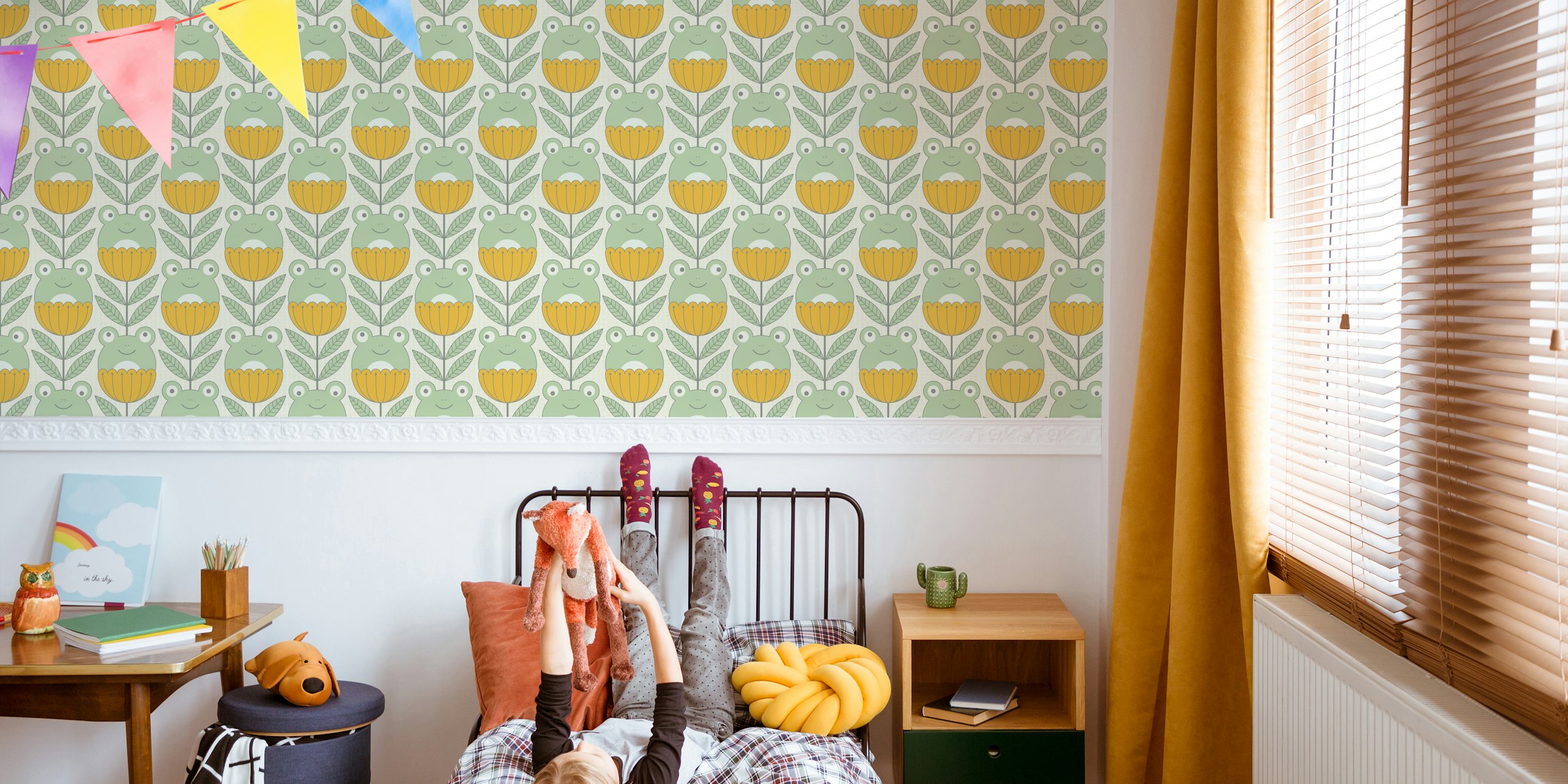 Fun frogs and floral pattern wallpaper