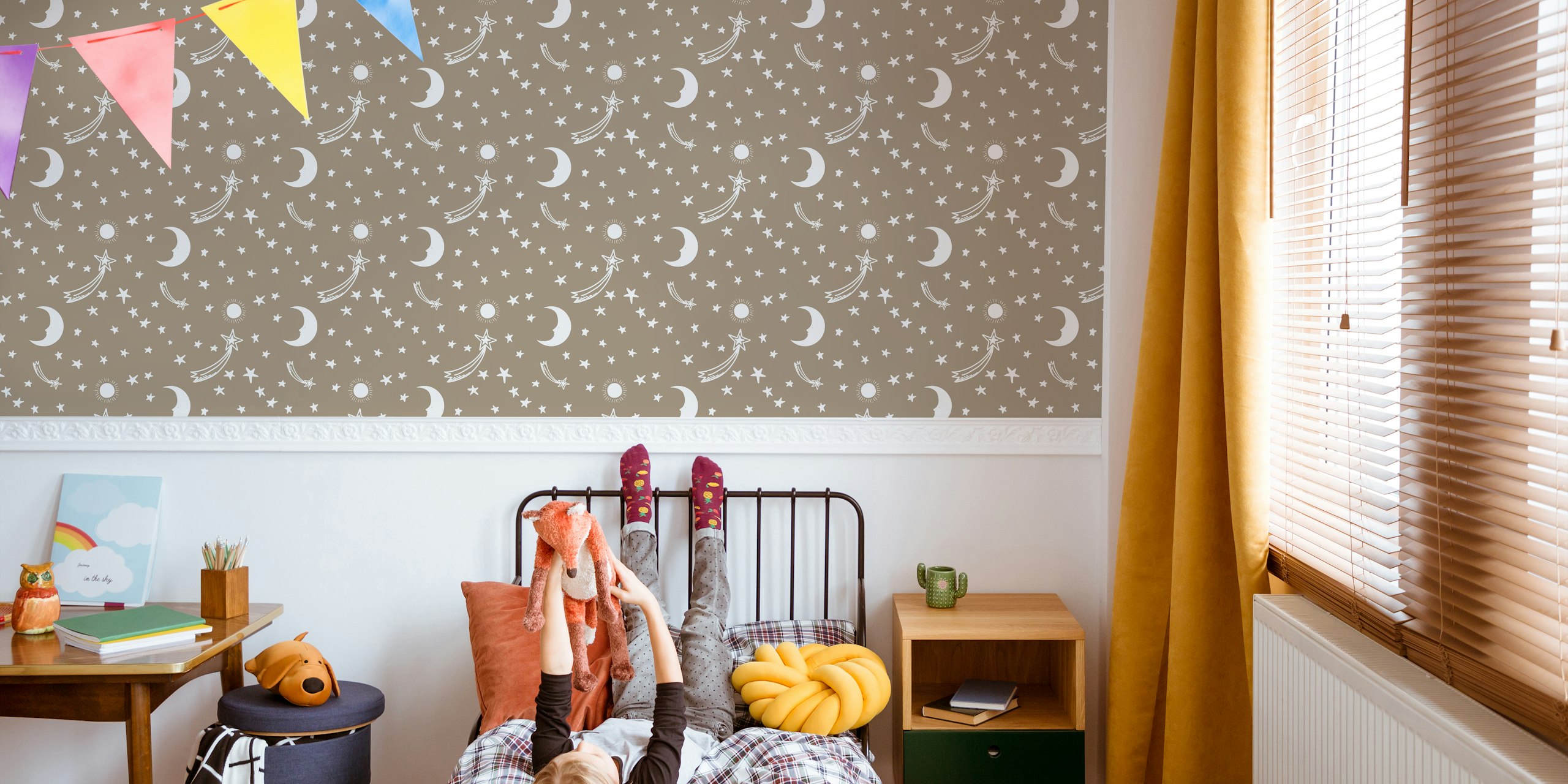 Mocha background with white stars, moons, and sun wallpaper