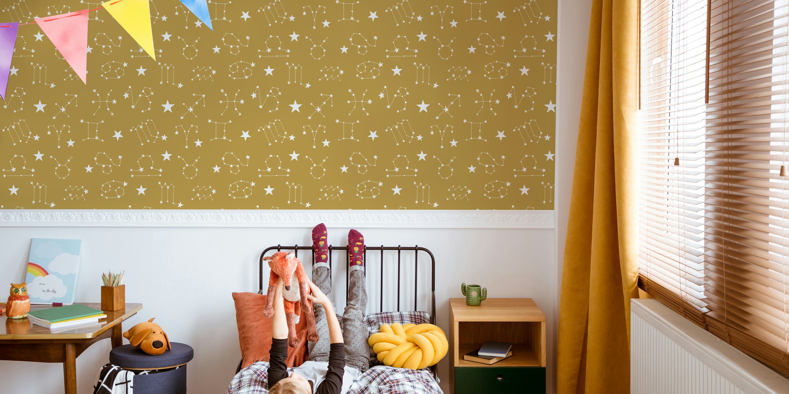 Star constellation patterns on golden olive background wallpaper