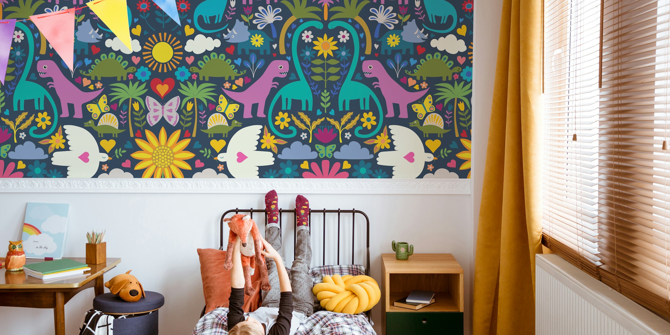 Navy dinosaur wallpaper in a room