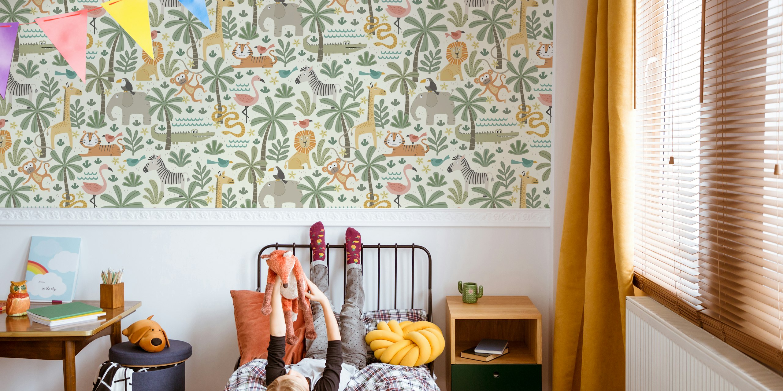 Colorful jungle animals like giraffes, elephants, and monkeys wallpaper