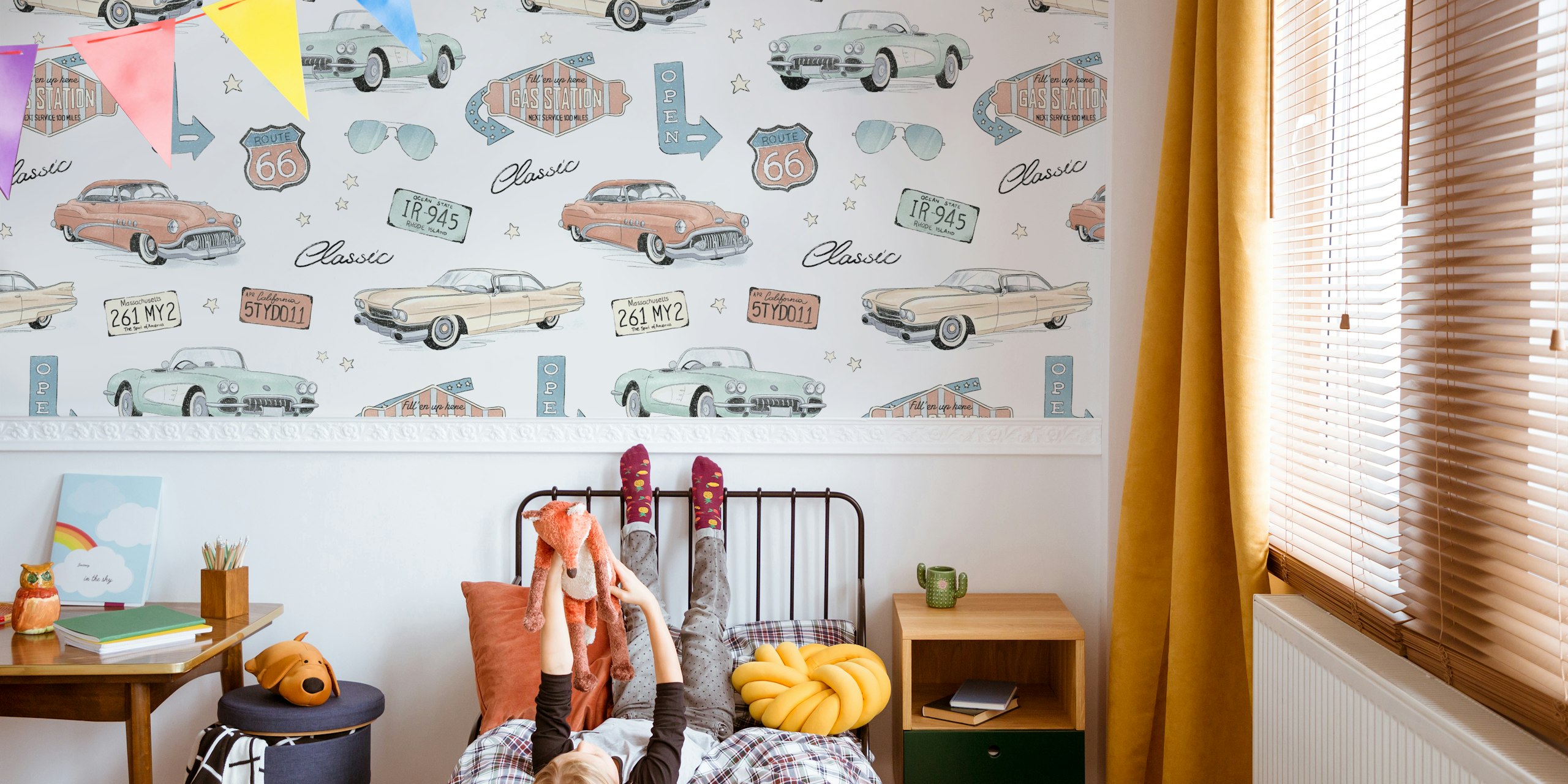 Classic cars in pastel colors on white background wallpaper