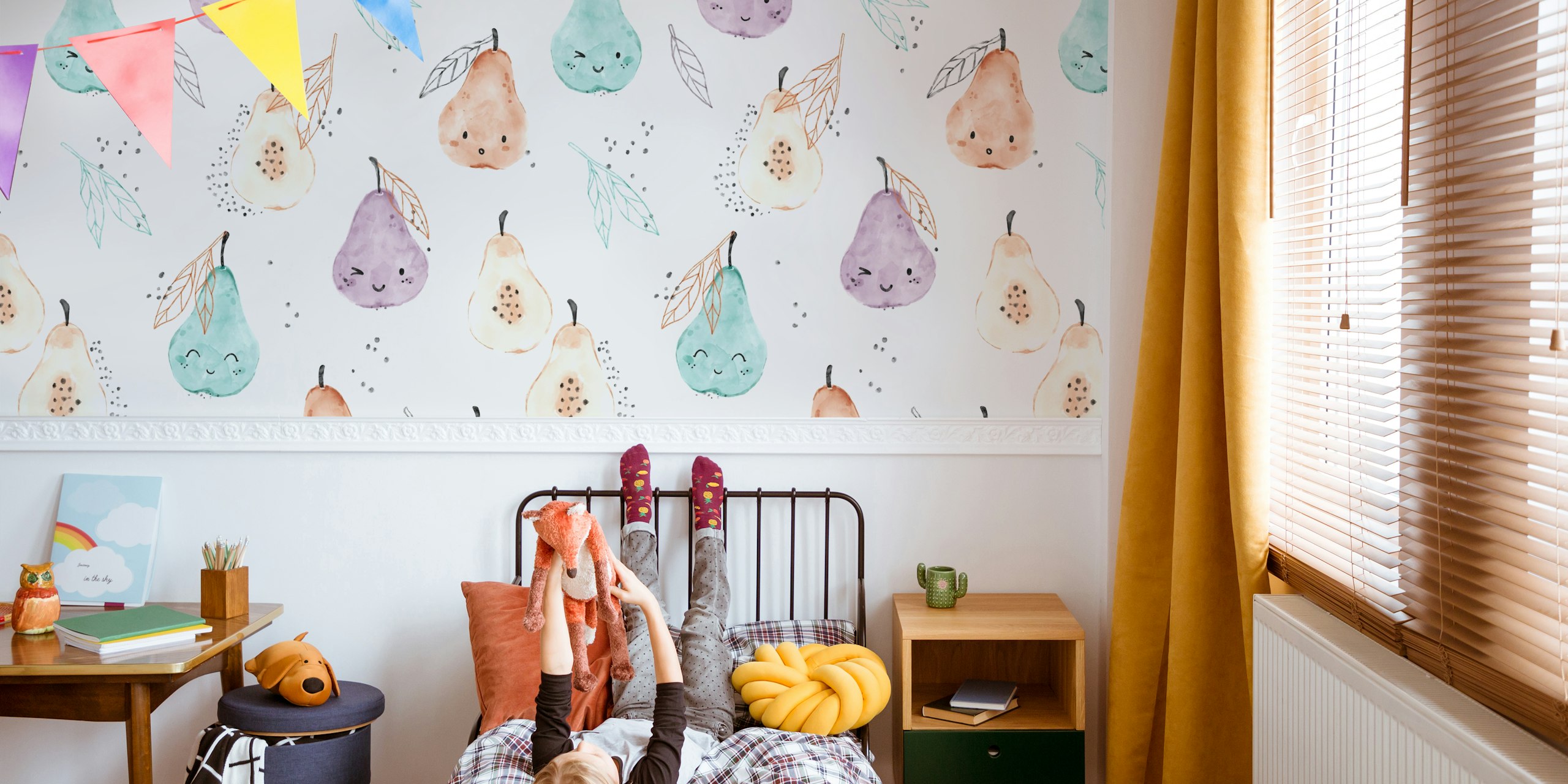 Cute pear fruit characters in pastel colors wallpaper