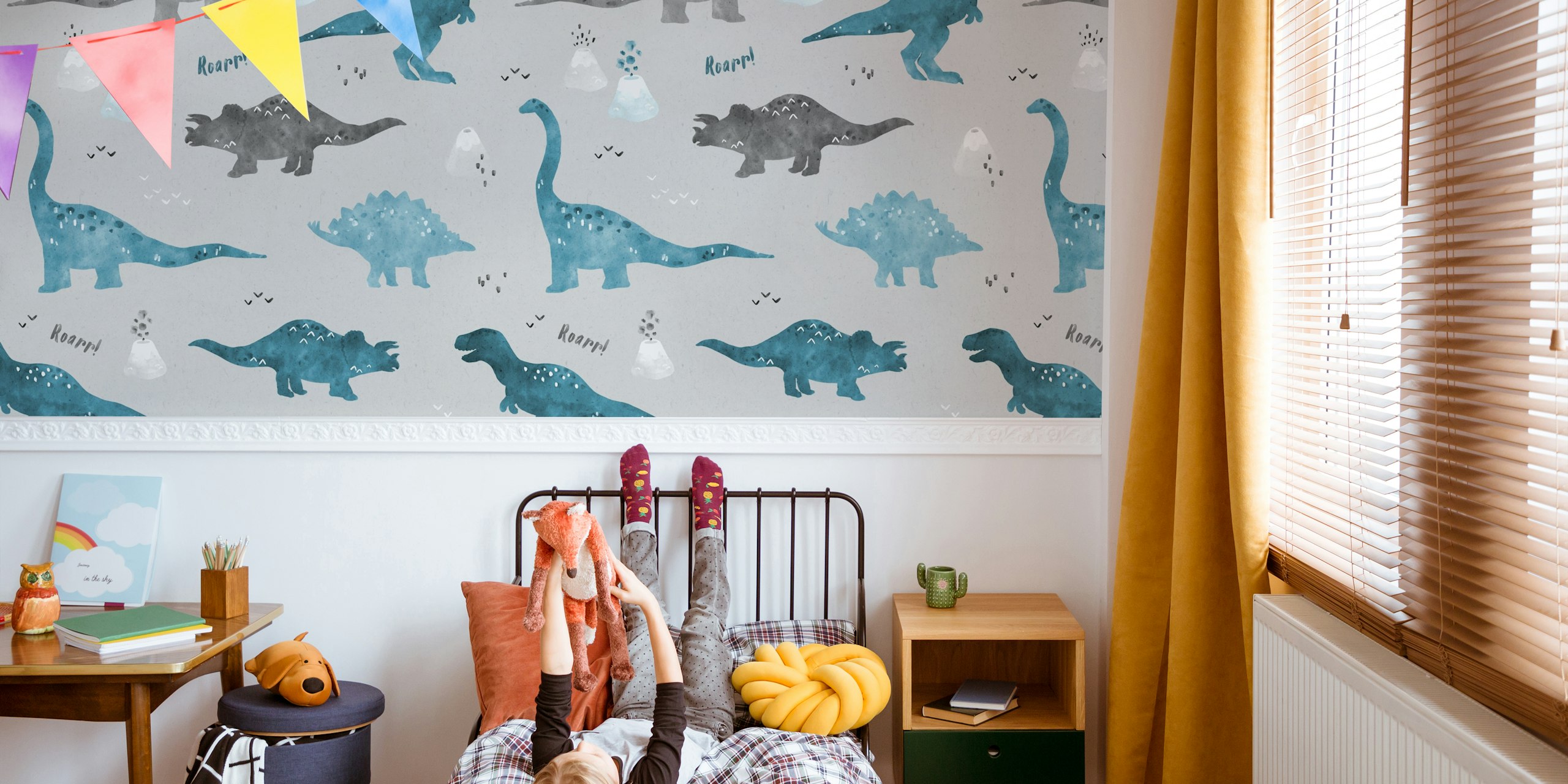 Watercolor dinosaur illustrations in grey and blue on a light grey background wallpaper