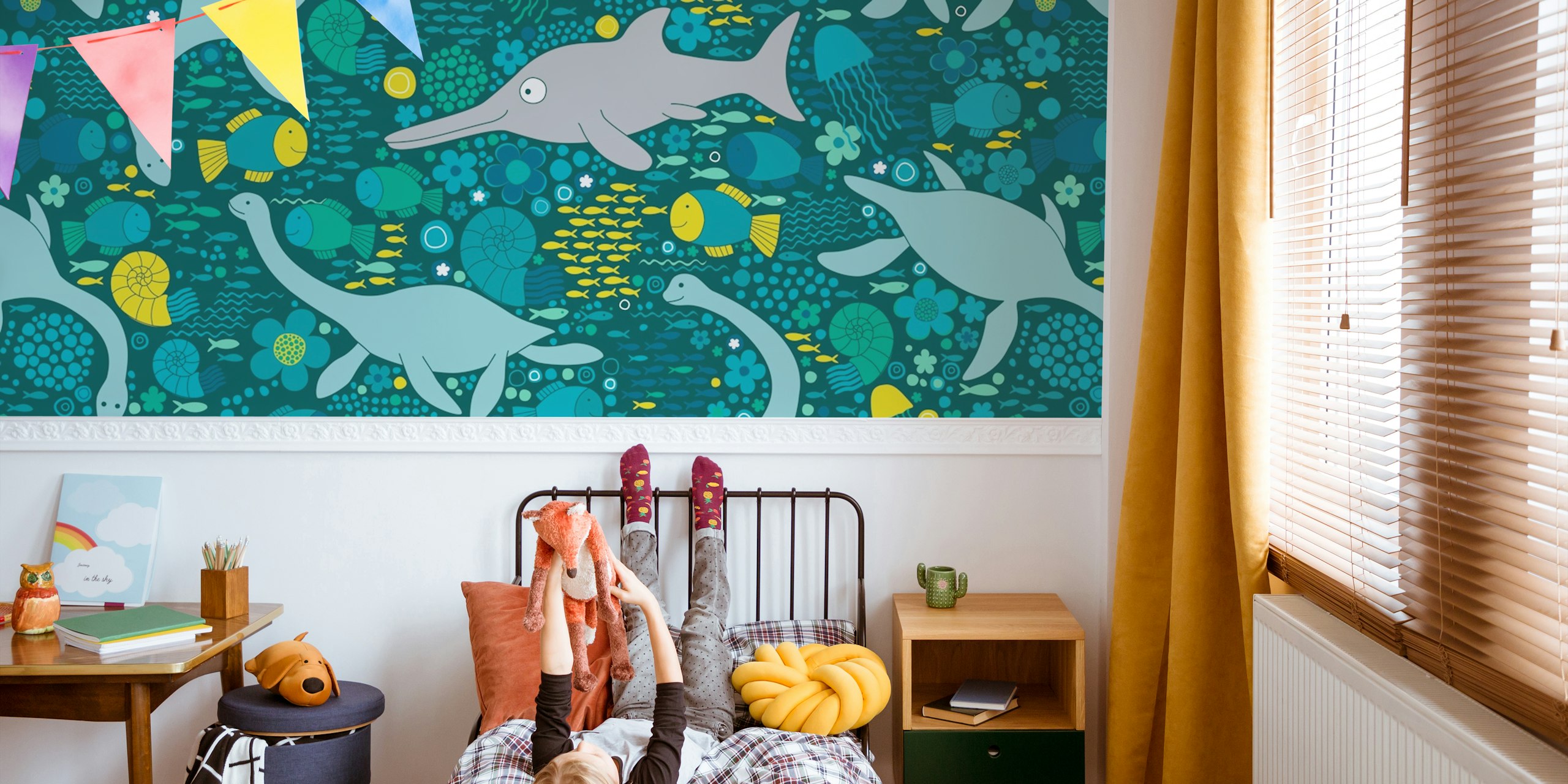 Plesiosaurs swimming in teal and lemon underwater scene wallpaper