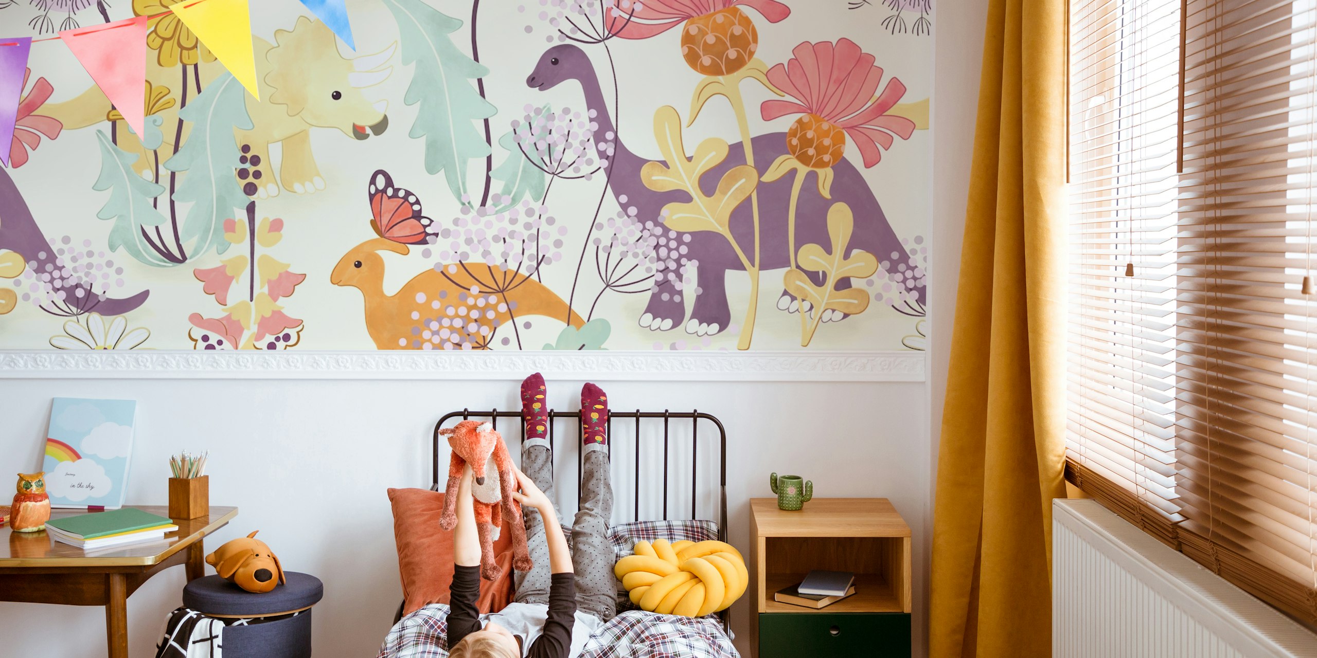 Dinosaurs and wildflowers wallpaper design