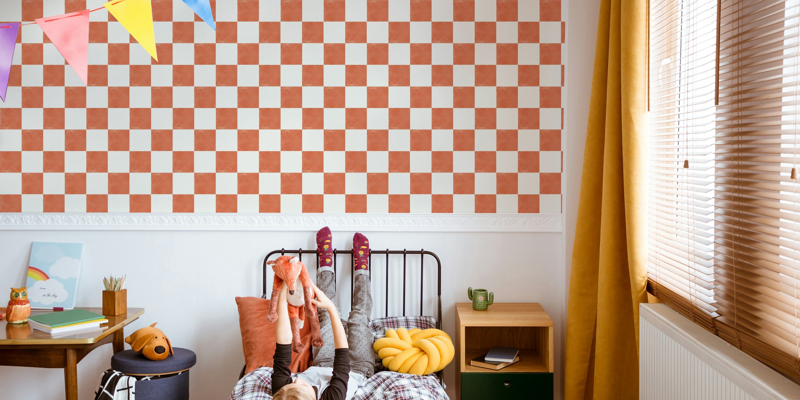 Vintage watercolor red checks wallpaper in a room