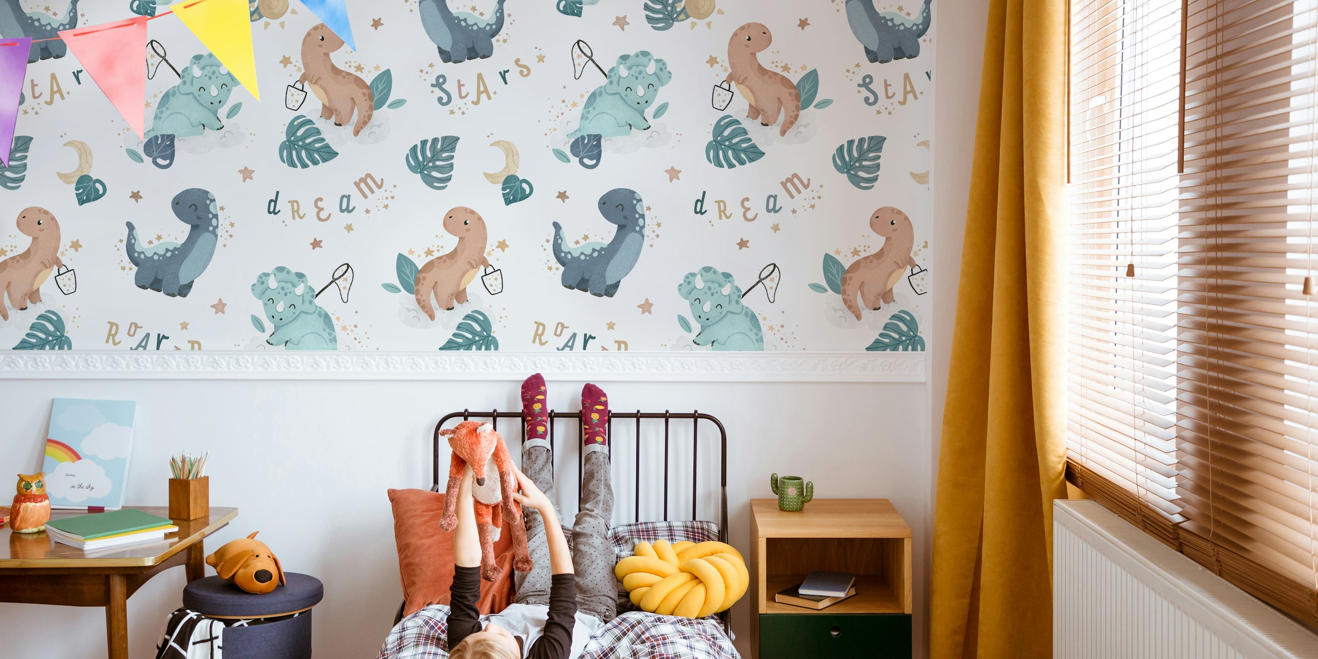 Playful dinosaur patterns in soft colors with stars and leaves wallpaper