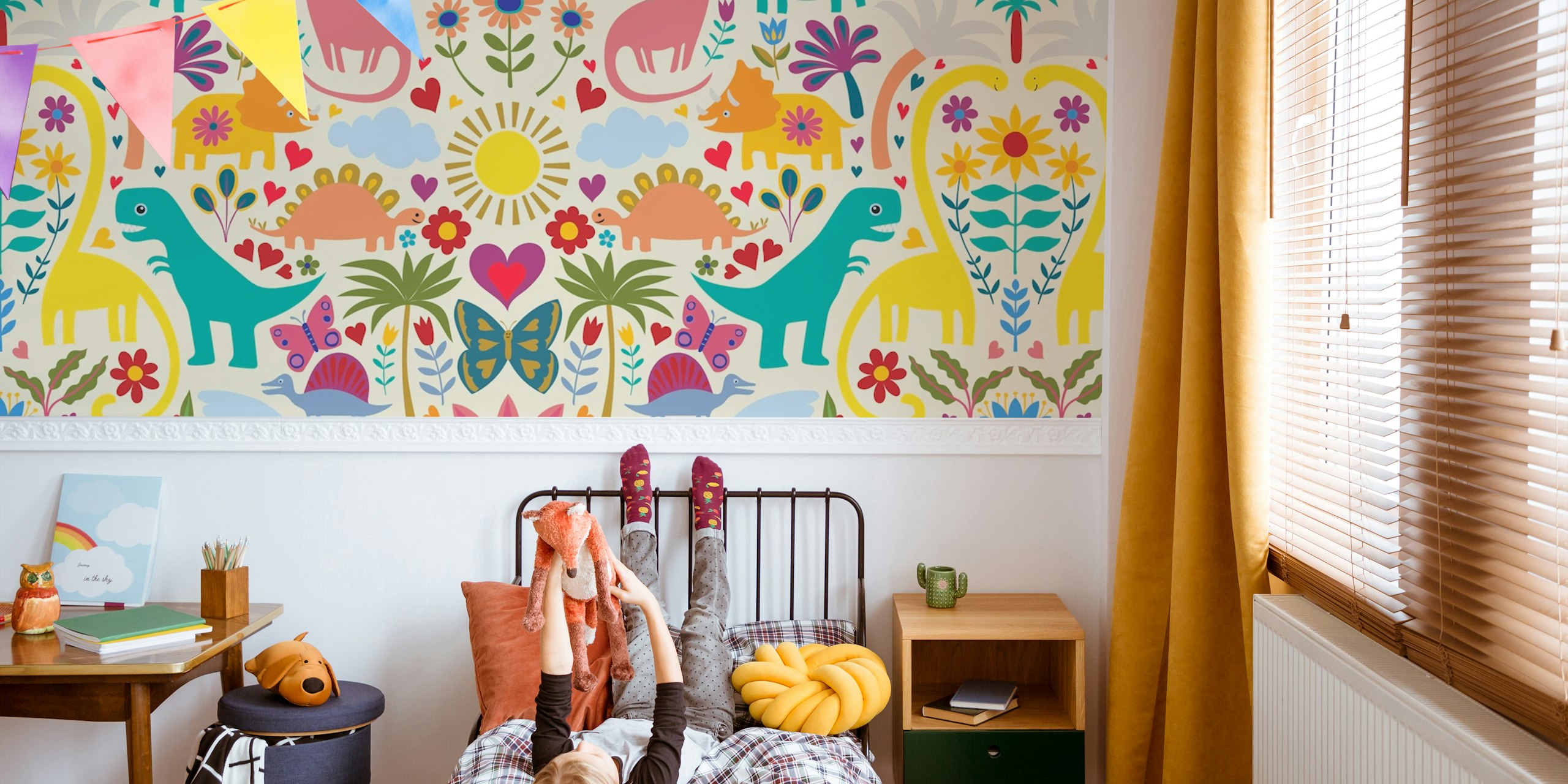 Dinosaur themed wallpaper with colorful flowers and hearts