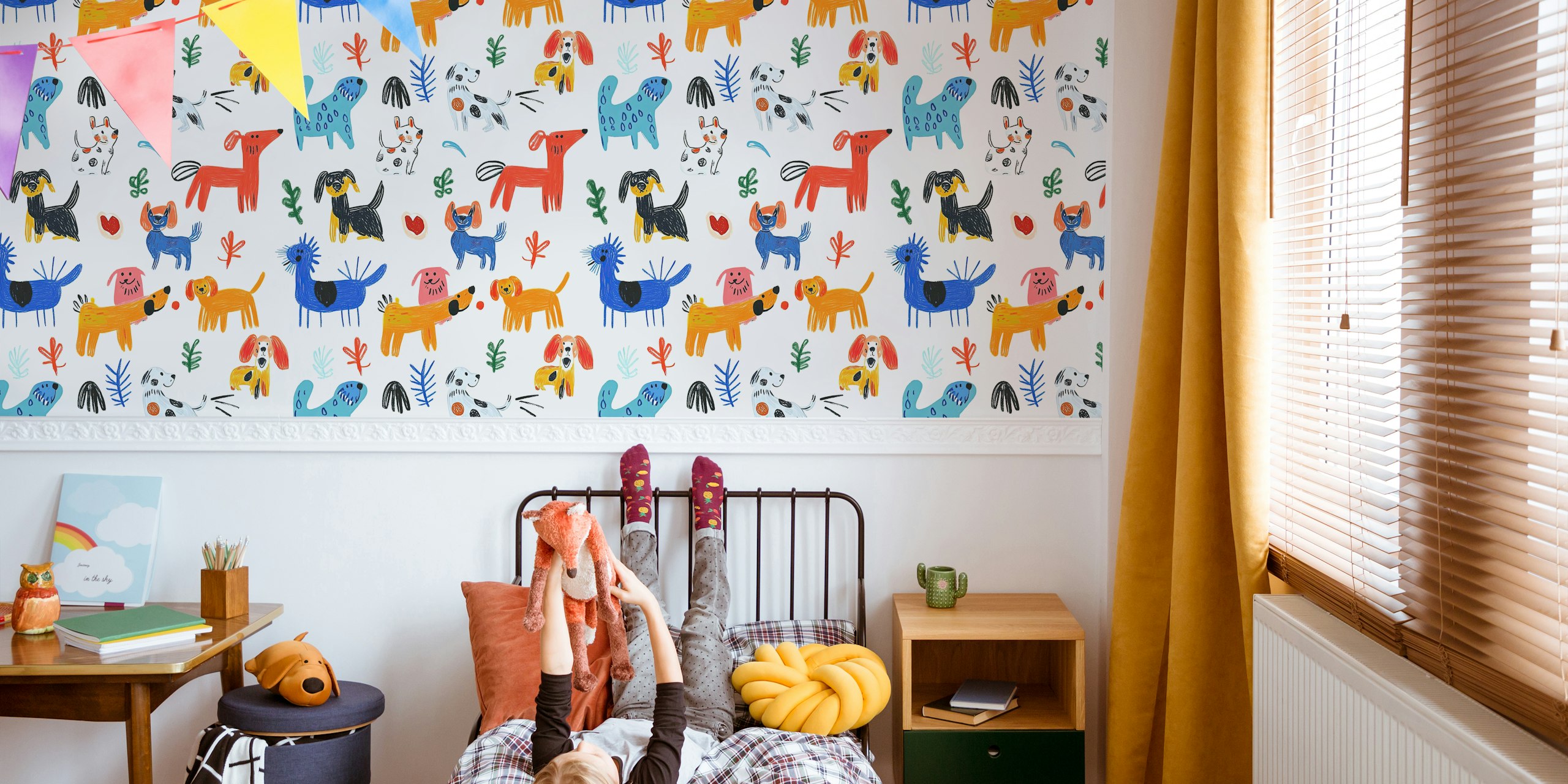 Colorful dogs and plants illustration on cream background wallpaper