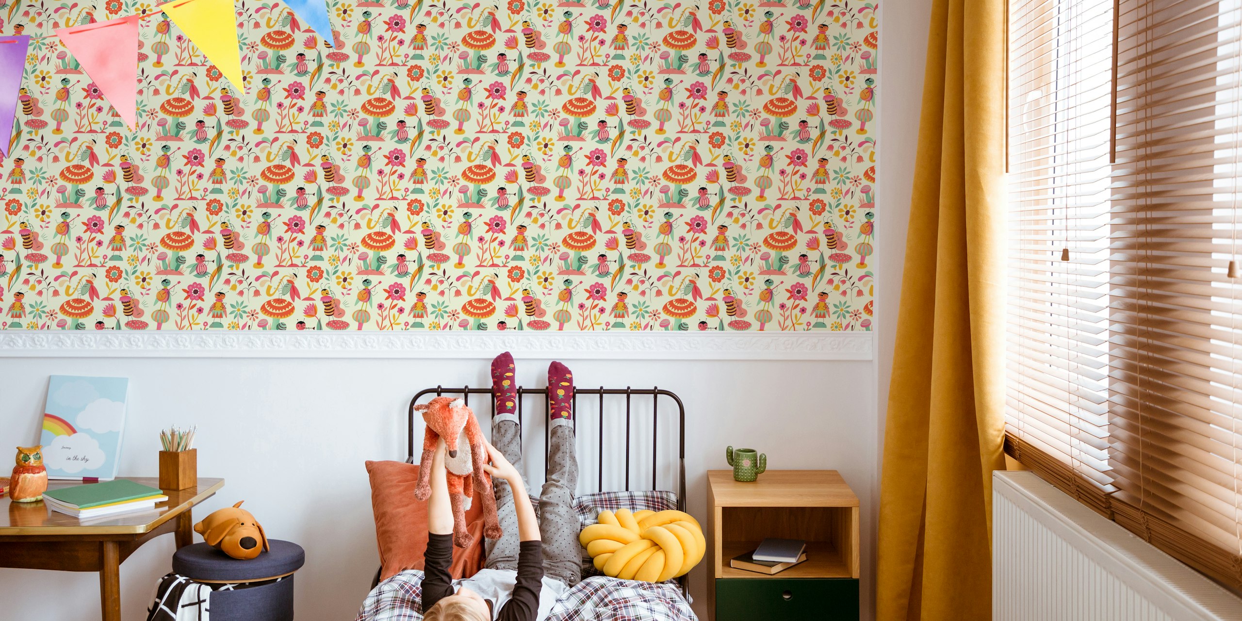 Colorful cartoon insects and flowers on cream background wallpaper