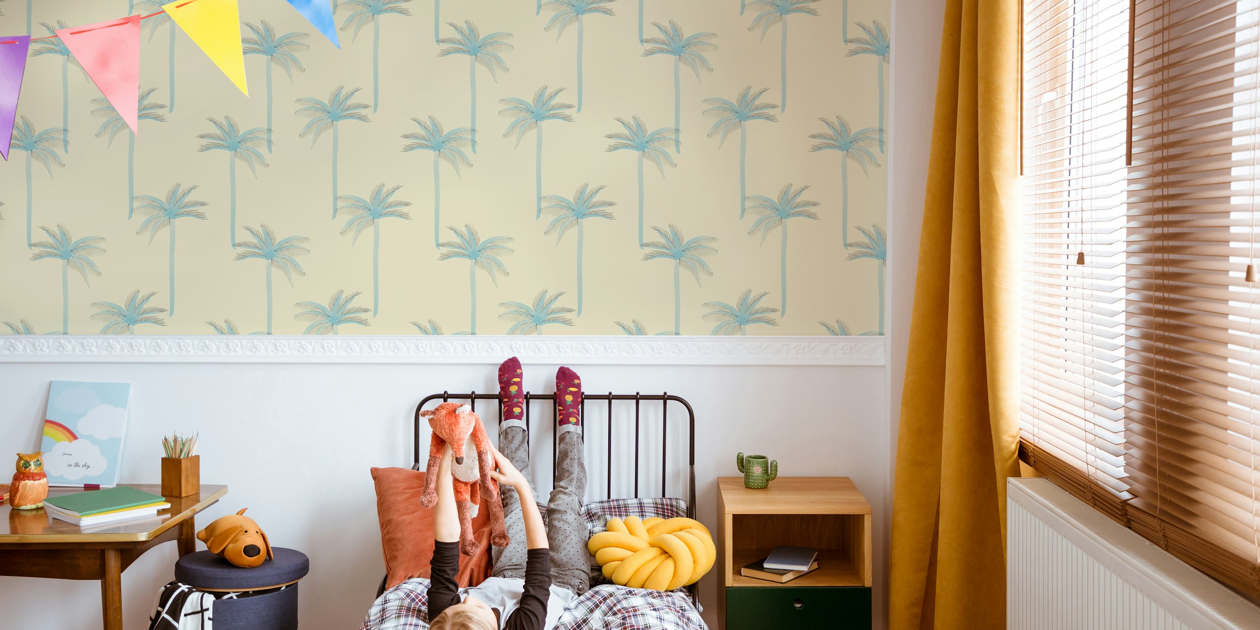 Blue tropical palm trees on beige background wallpaper