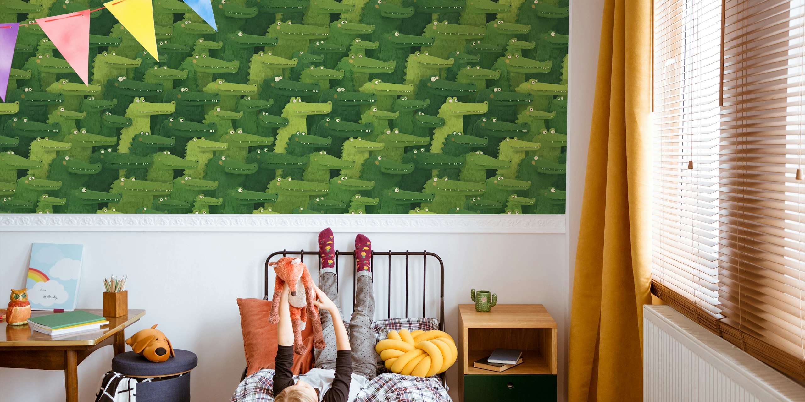 Cartoon crocodiles in various shades of green wallpaper
