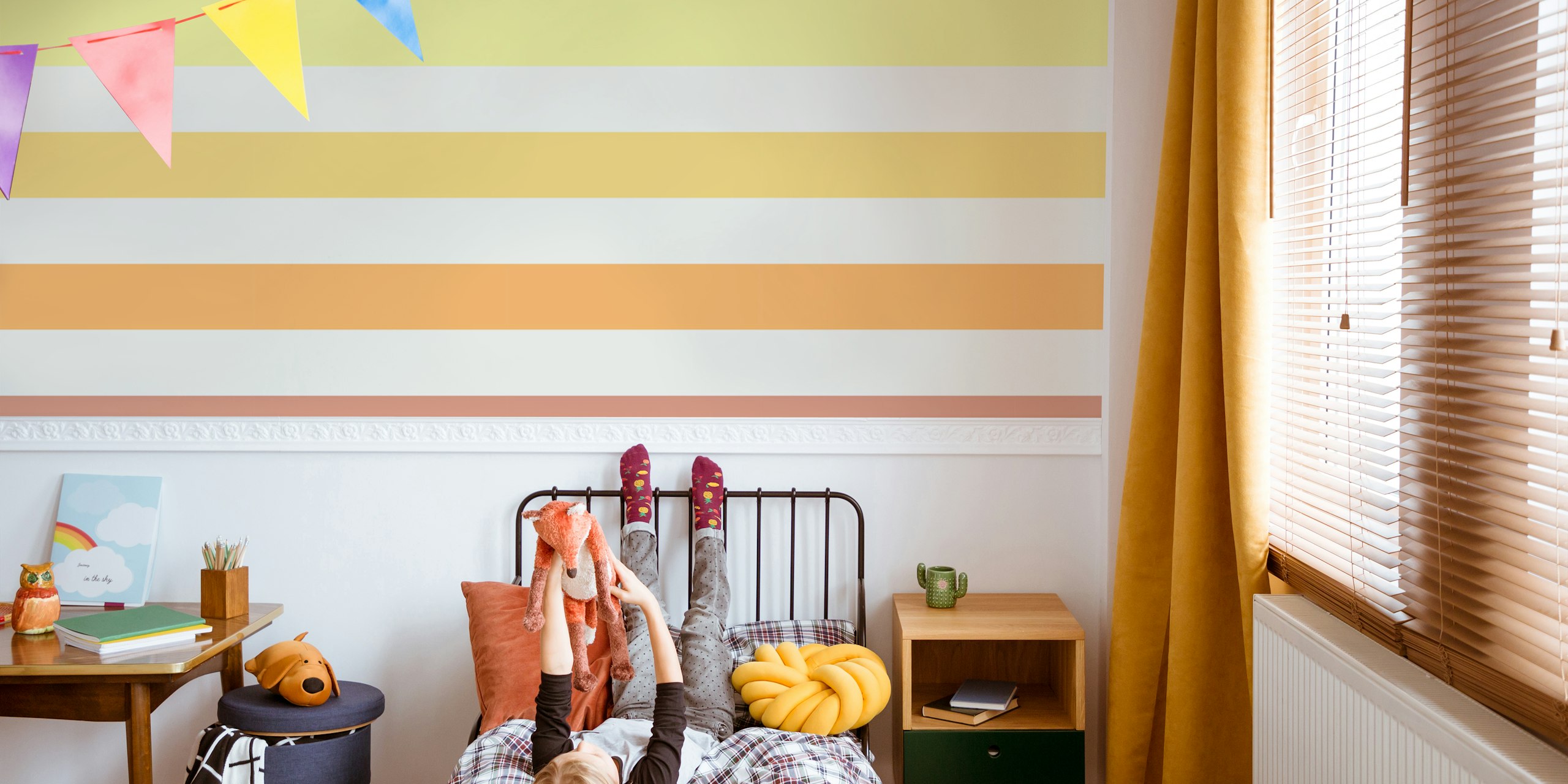 Pastel rainbow stripes in soft tones of yellow, orange, purple, blue wallpaper