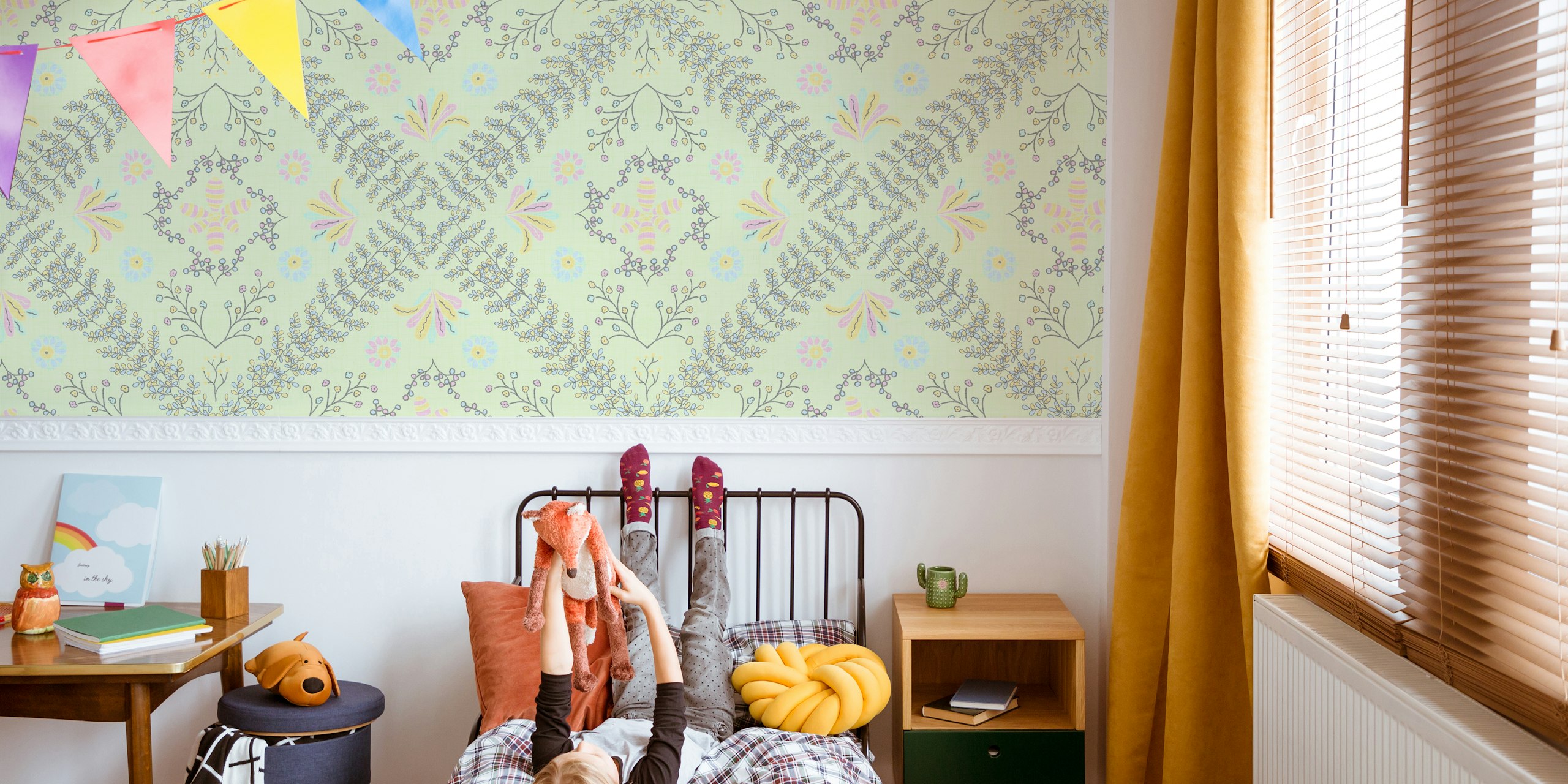 Floral sage green wallpaper with delicate patterns and pastel colors