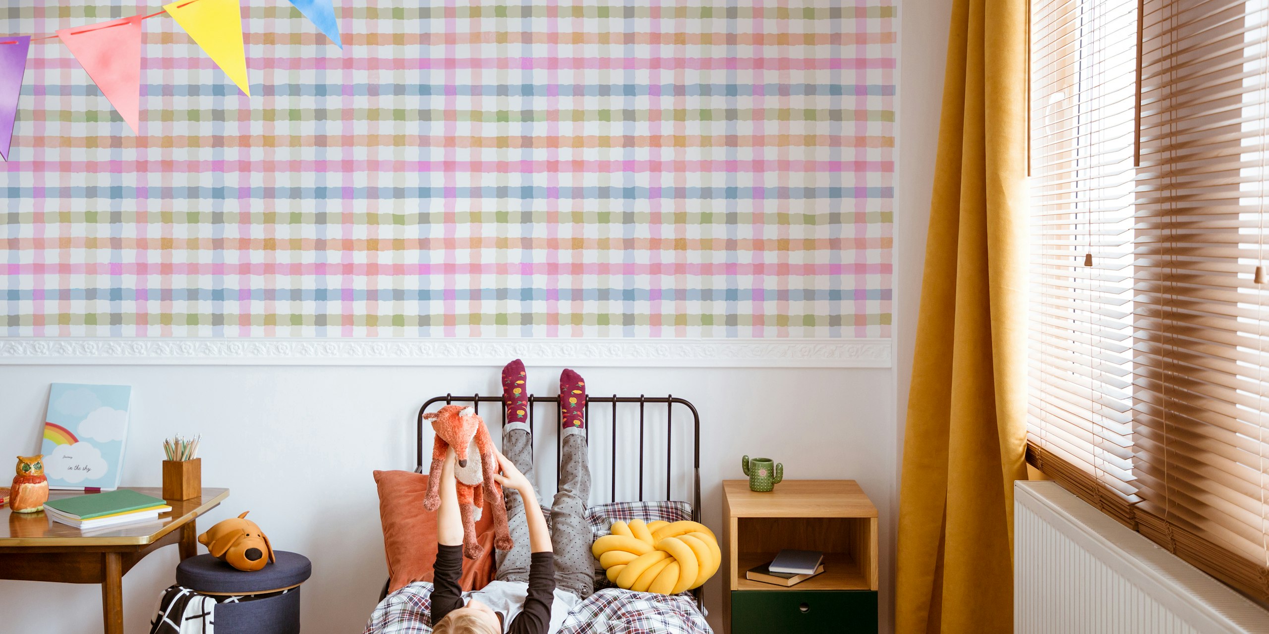 Soft hand-painted pastel gingham plaid wallpaper in light colors