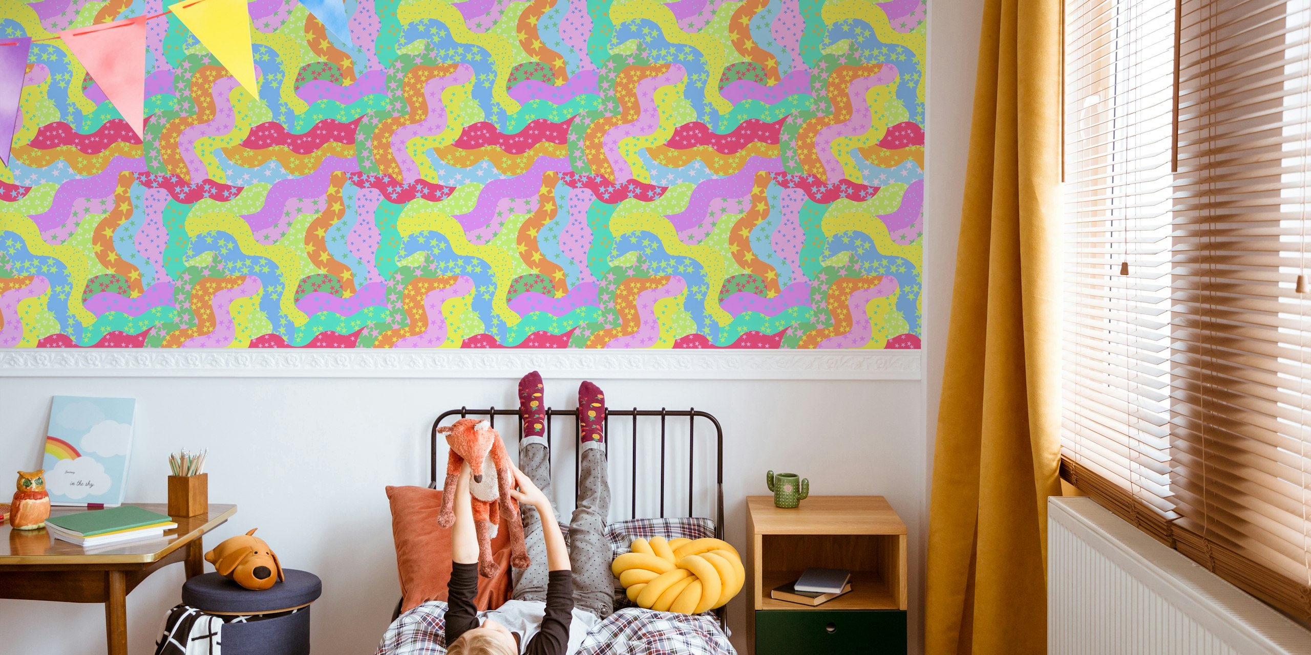 Rainbow coloured stripes with stars behang