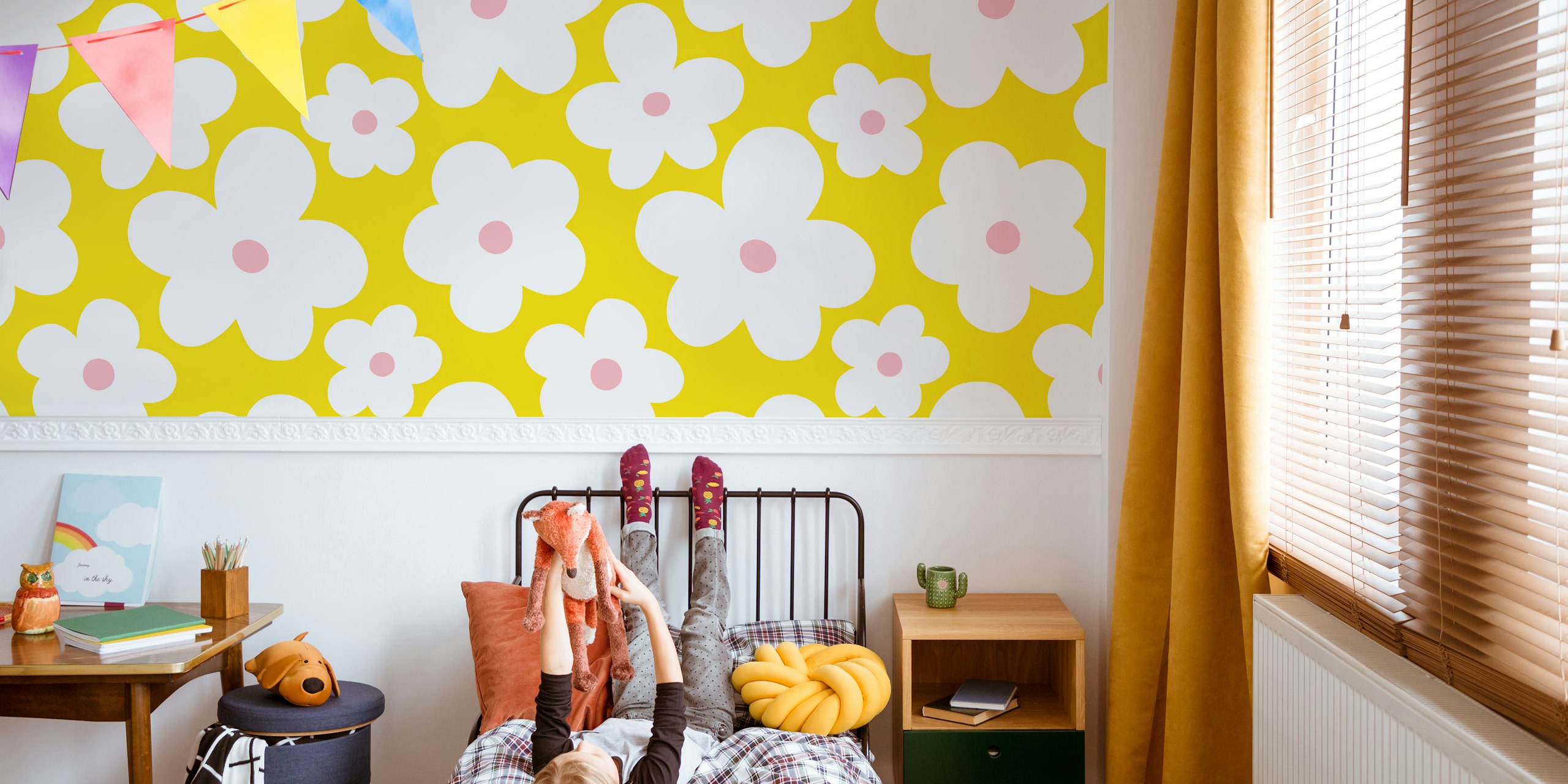 Lulu Scandi Flowers wallpaper in a bright room