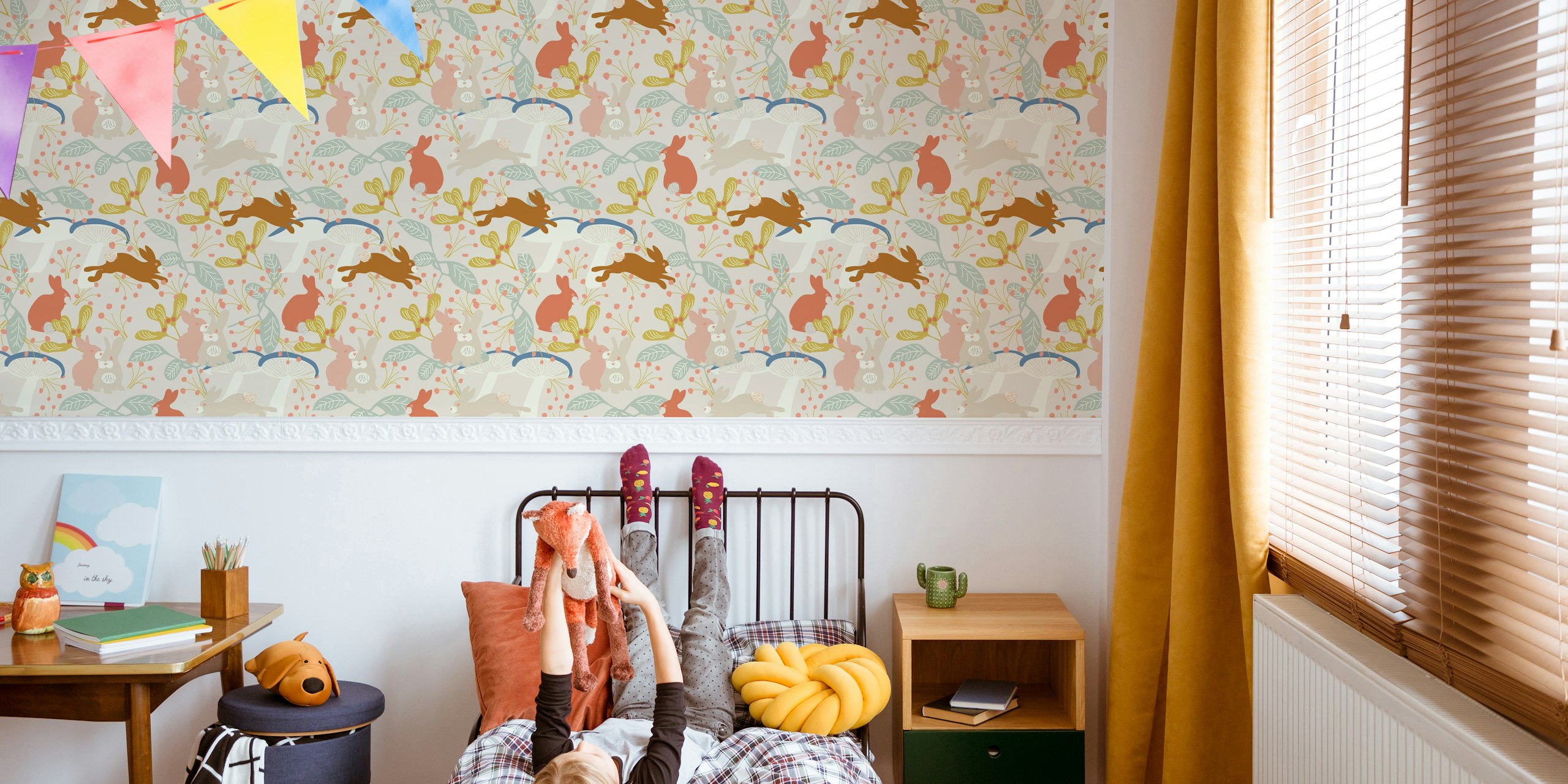 Whimsical bunny wallpaper in a nursery