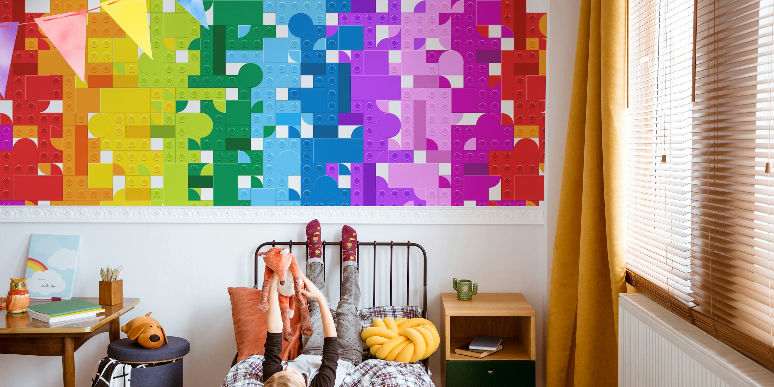 Colorful rainbow building blocks wallpaper in a room