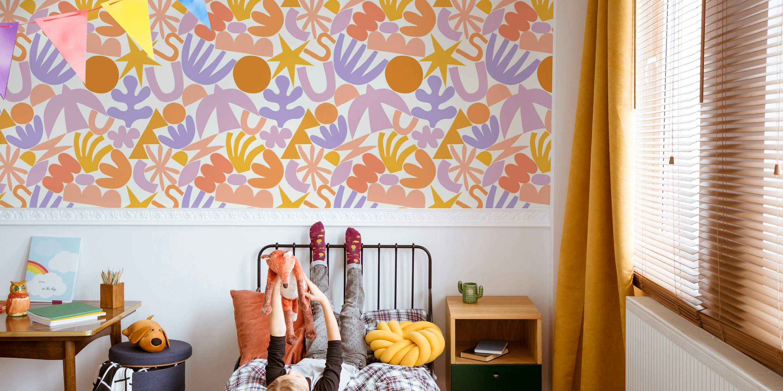 Colorful abstract shapes in orange, pink, purple on a light background wallpaper